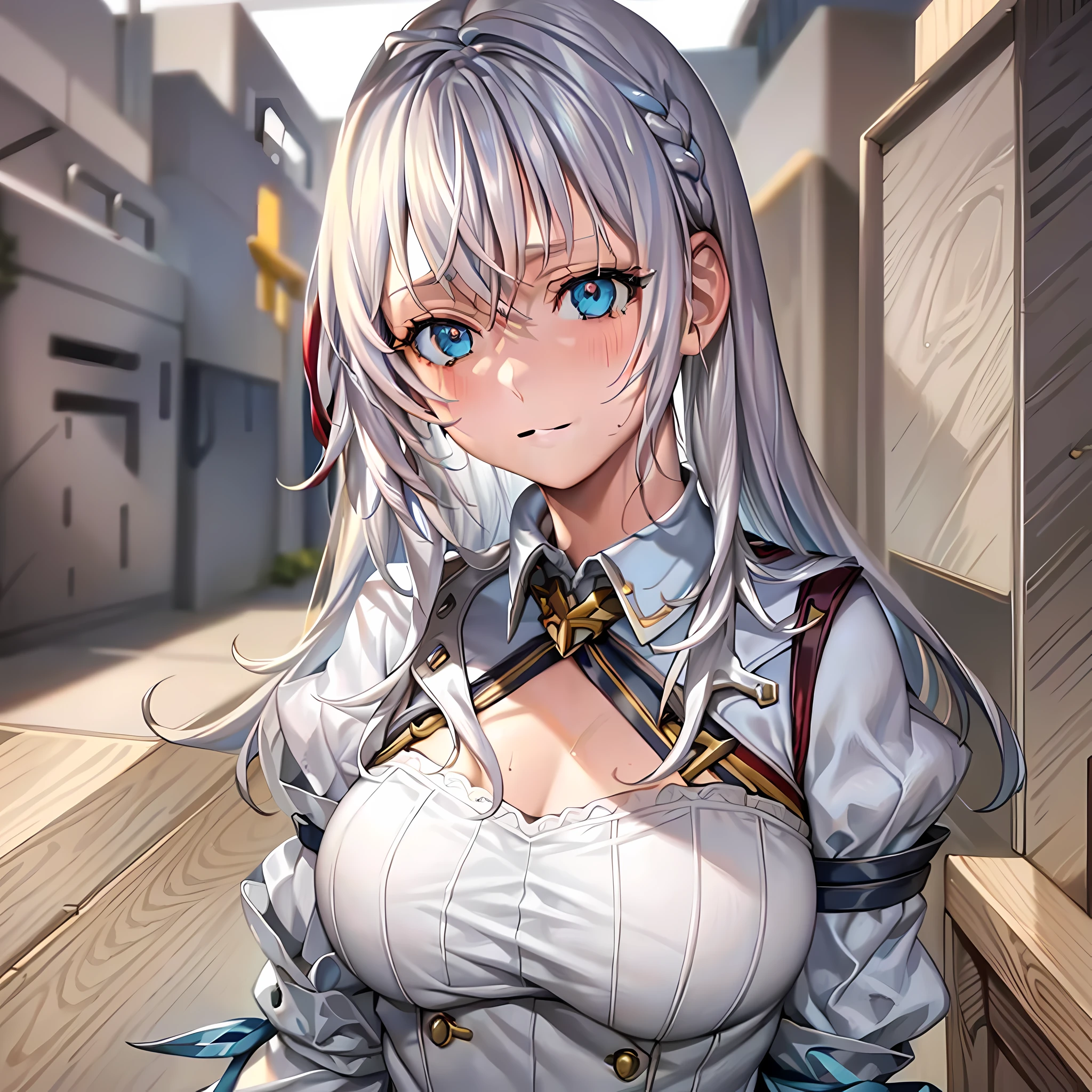 clothes reflecting light, (light diffraction on skin: 1.35), (glossy skin: 1.55), (iridescence effect: 1.55),anime, a woman with white hair and blue eyes smiling seductively is standing in a room, , process art, seductive anime girl, **** in dress, visual anime of a cute girl, girl with perfect white hair, anime moe artstyle, fine details. Girls Frontline, From Girls Frontline, A Hyperrealistic Schoolgir, Anime Girl Wearing White Shirt with Blue Hair, Breasts, 1Girl, Neckline, Shirt, Long Hair, Blue Eyes, Drowning, Solo, White Shirt, Big Breasts, Wet, Wet Clothes, Blush, Short Sleeves, Bangs,(Masterpiece, Best Quality, Ultra-Detailed: 1.6), Illustration, (Solo, 1 Girl, Beautiful Detailed Eyes: 1.2), City, Street, Making a Heart with Fingers, Expression of girl in love, open the neckline of her dress