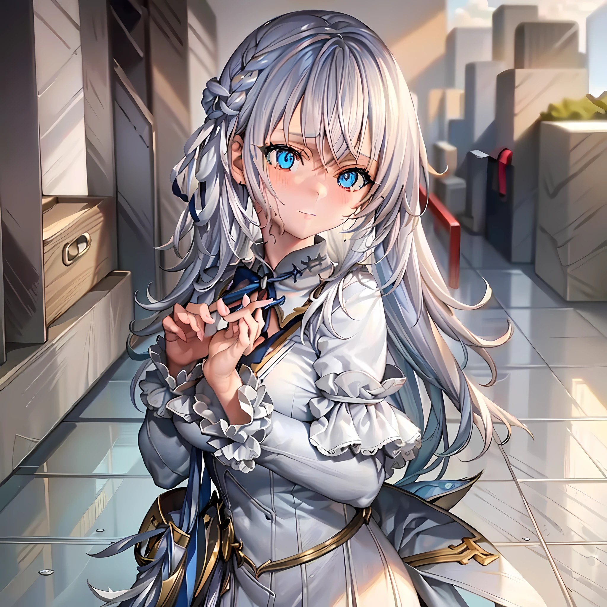 clothes reflecting light, (light diffraction on skin: 1.35), (glossy skin: 1.55), (iridescence effect: 1.55),anime, a woman with white hair and blue eyes smiling seductively is standing in a room, , process art, seductive anime girl, **** in dress, visual anime of a cute girl, girl with perfect white hair, anime moe artstyle, fine details. Girls Frontline, From Girls Frontline, A Hyperrealistic Schoolgir, Anime Girl Wearing White Shirt with Blue Hair, Breasts, 1Girl, Neckline, Shirt, Long Hair, Blue Eyes, Drowning, Solo, White Shirt, Big Breasts, Wet, Wet Clothes, Blush, Short Sleeves, Bangs,(Masterpiece, Best Quality, Ultra-Detailed: 1.6), Illustration, (Solo, 1 Girl, Beautiful Detailed Eyes: 1.2), City, Street, Making a Heart with Fingers, Expression of girl in love, open the neckline of her dress