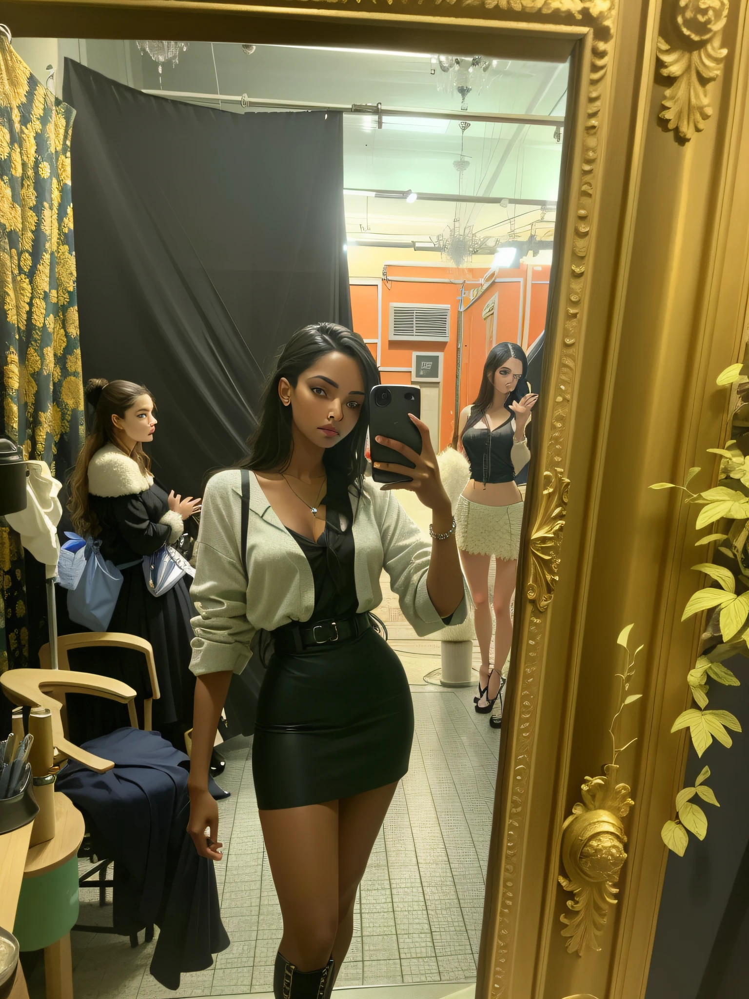 there is a woman taking a picture of herself in a mirror, mirror selfie, 1614572159, standing in front of a mirror, model posing, very very low quality picture, by Amelia Peláez, posing for a picture, by Nándor Katona, behind the scenes, looking this way, fashion week backstage