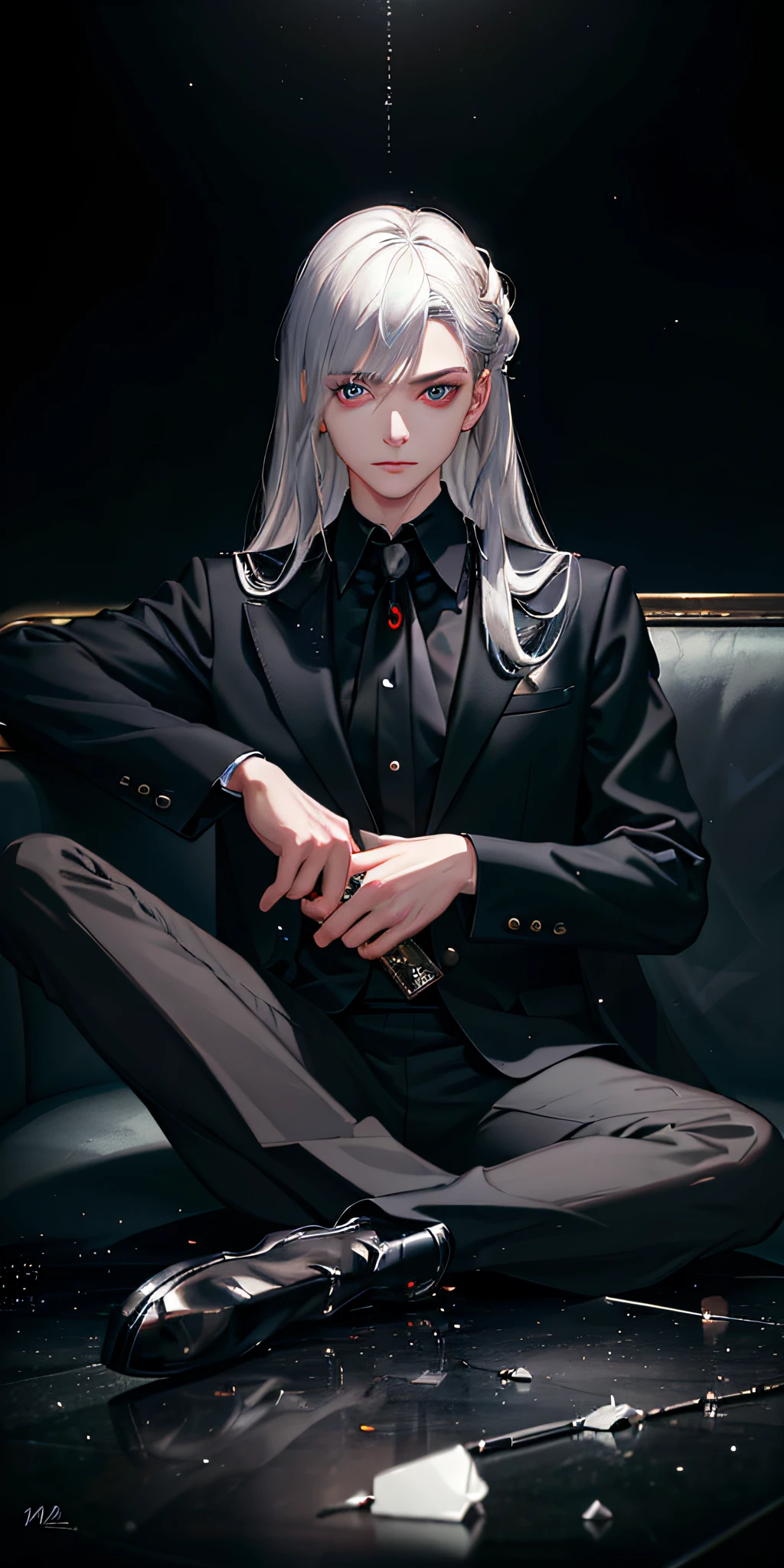 (photorealistic:1.4), (masterpiece, sidelighting, finely detailed beautiful eyes: 1.2), masterpiece*portrait, realistic, 3d face, glowing eyes, boy, male, shiny silver hair, spiky hairstyle, messy hair, red eyes, novelty, white shirt with black tie, gray best with ornament, lustrous skin, solo, vampire, wine in glass, blood splatter, swirling black light around the character, depth of field,black light particles,(broken glass), sitting on floor beside a sofa,