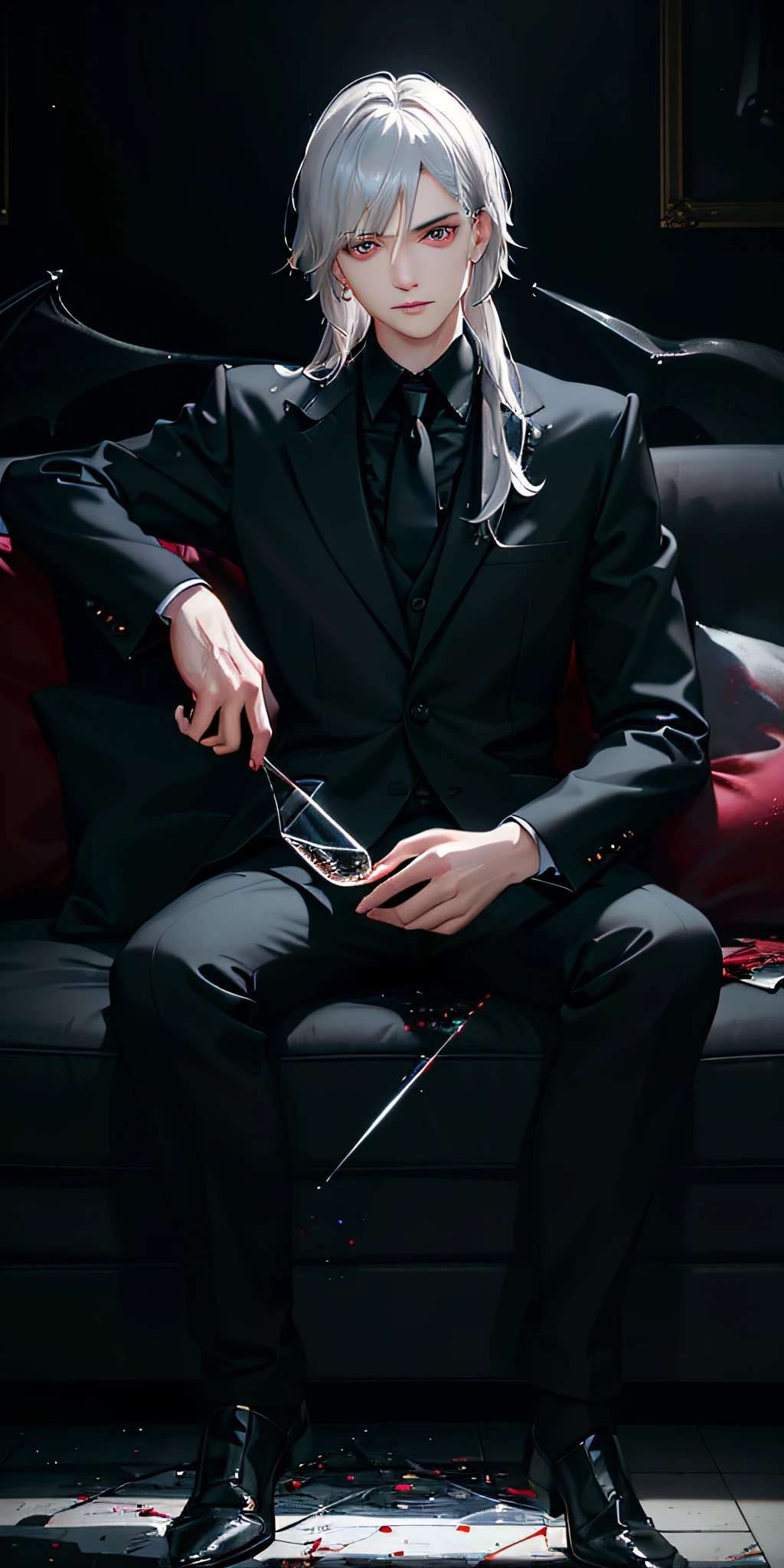 (photorealistic:1.4), (masterpiece, sidelighting, finely detailed beautiful eyes: 1.2), masterpiece*portrait, realistic, 3d face, glowing eyes, boy, male, shiny silver hair, spiky hairstyle, messy hair, red eyes, novelty, white shirt with black tie, gray best with ornament, lustrous skin, solo, vampire, wine in glass, blood splatter, swirling black light around the character, depth of field,black light particles,(broken glass), sitting on floor beside a sofa,