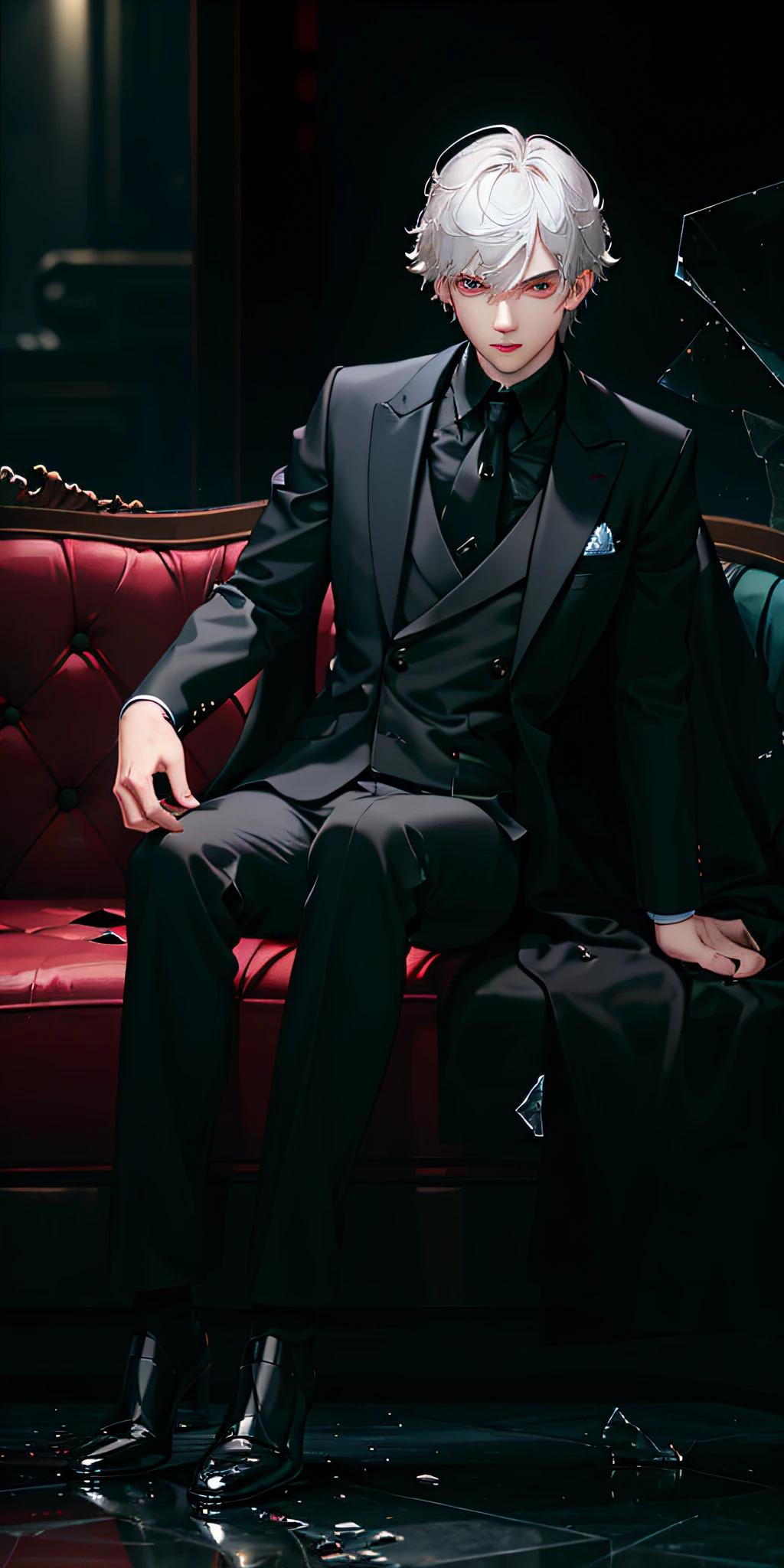 (photorealistic:1.4), (masterpiece, sidelighting, finely detailed beautiful eyes: 1.2), masterpiece*portrait, realistic, 3d face, glowing eyes, boy, male, shiny silver hair, spiky hairstyle, messy hair, red eyes, novelty, white shirt with black tie, gray best with ornament, lustrous skin, solo, vampire, wine in glass, blood splatter, swirling black light around the character, depth of field,black light particles,(broken glass), sitting on floor beside a sofa,