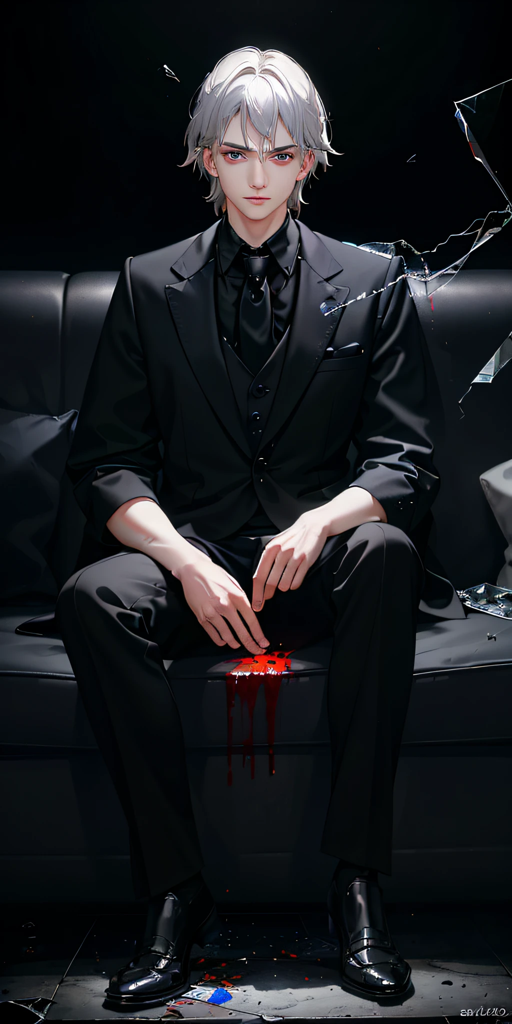 (photorealistic:1.4), (masterpiece, sidelighting, finely detailed beautiful eyes: 1.2), masterpiece*portrait, realistic, 3d face, glowing eyes, boy, male, shiny silver hair, spiky hairstyle, messy hair, red eyes, novelty, white shirt with black tie, gray best with ornament, lustrous skin, solo, vampire, wine in glass, blood splatter, swirling black light around the character, depth of field,black light particles,(broken glass), sitting on floor beside a sofa,