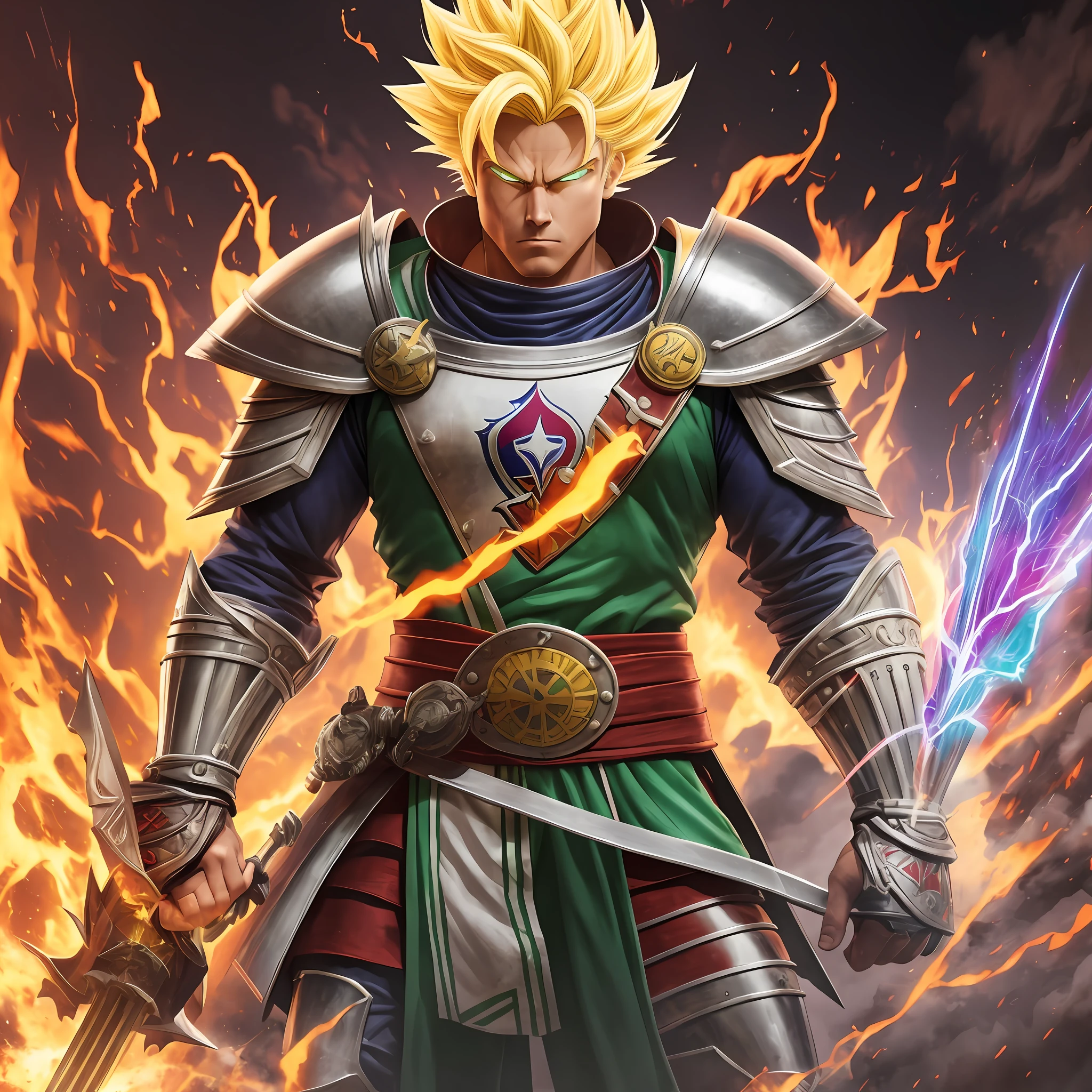 Create a futuristic medieval warrior with the colors of Fluminense's shirt and power of Super Sayiajin, photo-realistic --auto --s2