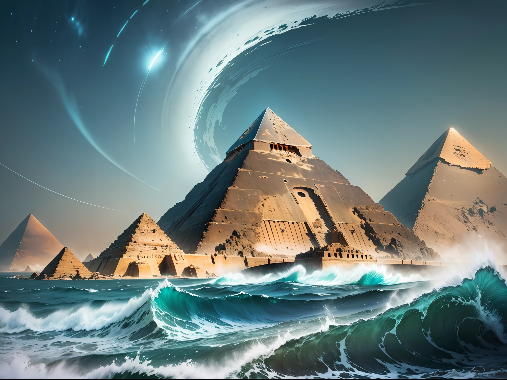 nature photography, towering futuristic habitats surrounding the great pyramid of giza, ocean waves lapping against shore, atmospheric perspective, 8k, super detail,accurate, best quality --auto --s2