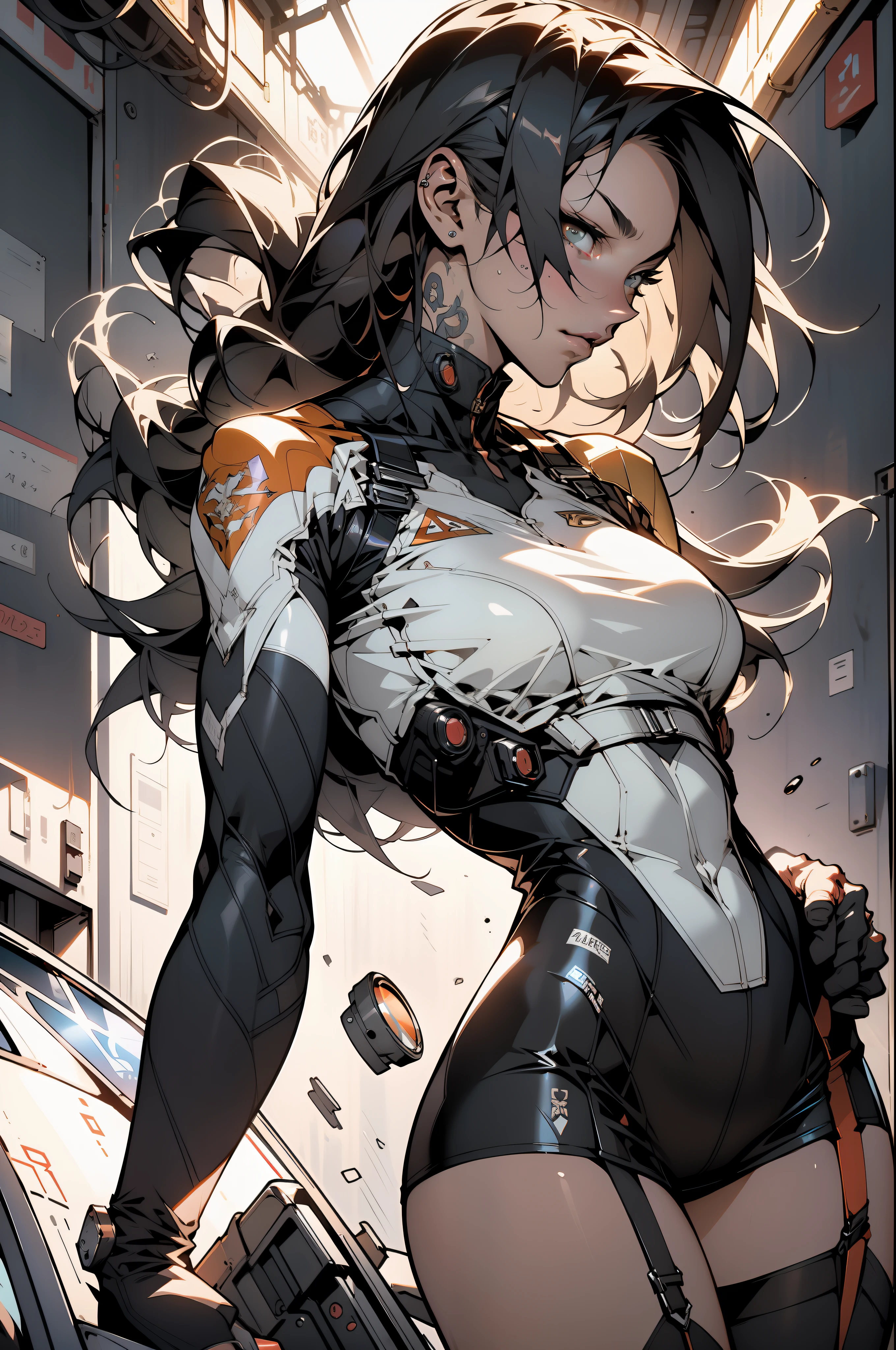 ((Best quality)), ((masterpiece)), (detailed: 1.4), (Absurd), Female fighter pilot still from the cockpit of a fighter plane, perfect body, Lara Croft, defined muscles, varied colors, half thick naked thighs, closed mouth, only in panties, muscular body covered by technological clothing, cyberpunk, generous neckline, ((perfect large breasts)), (Yakuza tattoo on the arms), short underwear, garter belt, by mucha, niji --V5, close to real, psychopathic, crazy face, sexy pose, 2 piece clothing, pastel, centered, scale to fit dimensions, HDR (High Dynamic Range),Ray Tracing,NVIDIA RTX,Super-Resolution,Unreal 5,Subsurface dispersion, PBR texture, Post-processing, Anisotropic filtering, Depth of field, Maximum clarity and sharpness, Multilayer textures, Albedo and specular maps, Surface shading, Accurate simulation of light-material interaction, Perfect proportions, Octane Render, Two-tone lighting, Wide aperture, Low ISO, White balance, Rule of thirds, 8K RAW