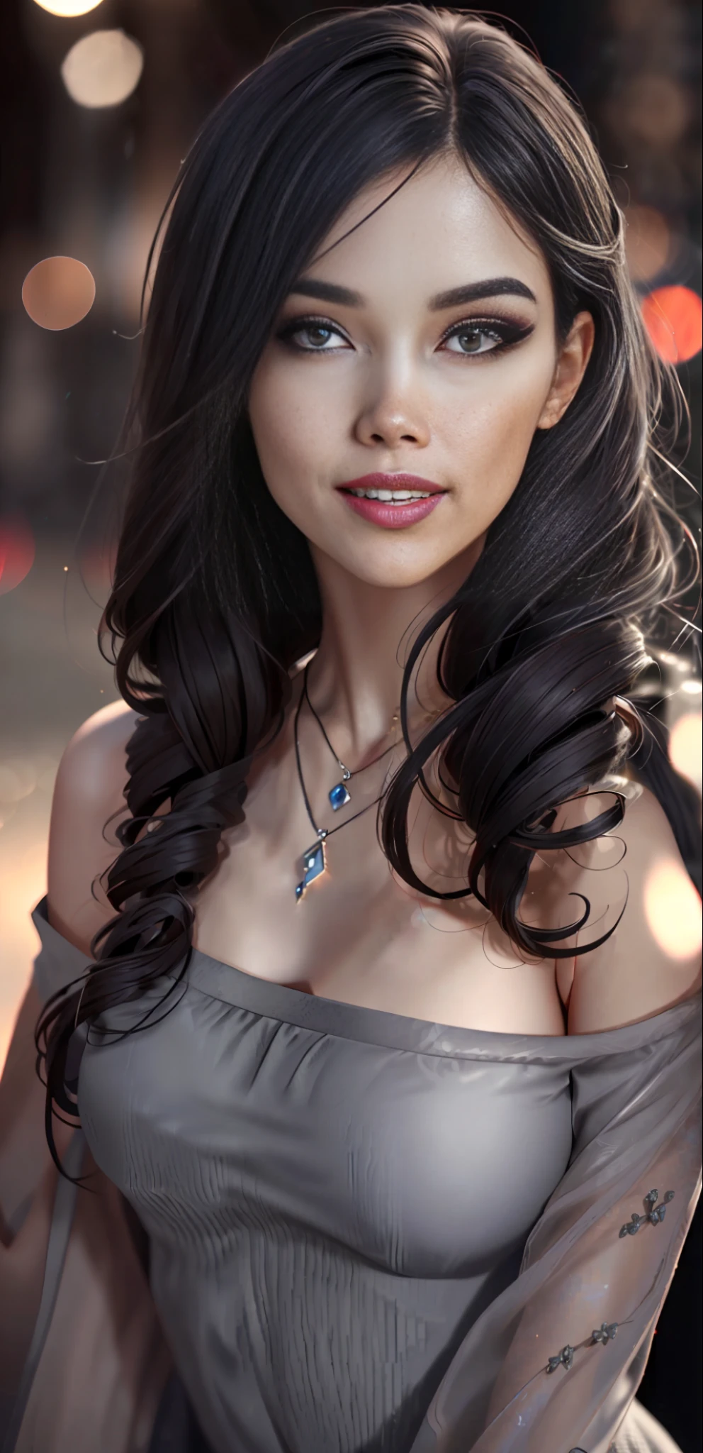 Best quality, masterpiece, high_res, girl, hair decoration, necklace, jewelry, beautiful detailed face, gray eyes, red full lips, big smile, face makeup, black hair, 
Short Hair, International Fashion, High Wear, Full Body Cover, Tight Dress, Full Body Detailed, Europe Effect, Multiplicity, Realistic Photos, Edge Lighting, Two-Tone Lighting, (High Detail Skin: 1.2), 8K UHD, DSLR, Soft Lighting, High Quality, Volumetric Lighting, Candid, Photography, High Resolution, 4K, 8K, Bokeh, Ridiculous,