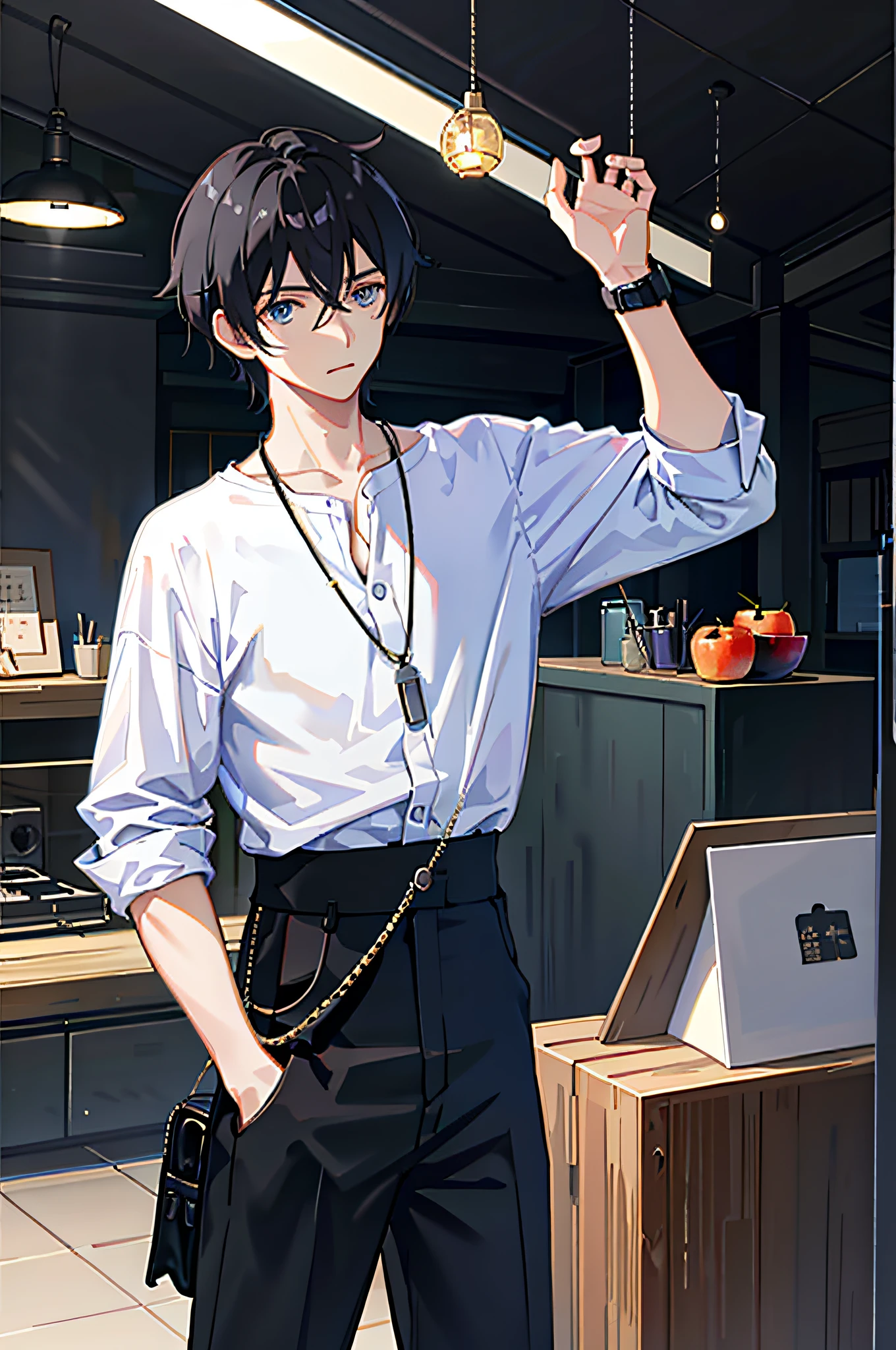 1boy, apple, bag, bangs, berry, black hair, black shirt, blue eyes, hair between eyes, jewelry, leaf, looking at viewer, male focus, necklace, pants, shirt, solo, watch, white pants, wristwatch, messy hair, trending on artstation, 8k resolution, highly detailed, anatomically correct, sharp image, digital painting, concept art, trending on pixiv, style of makoto shinkai,