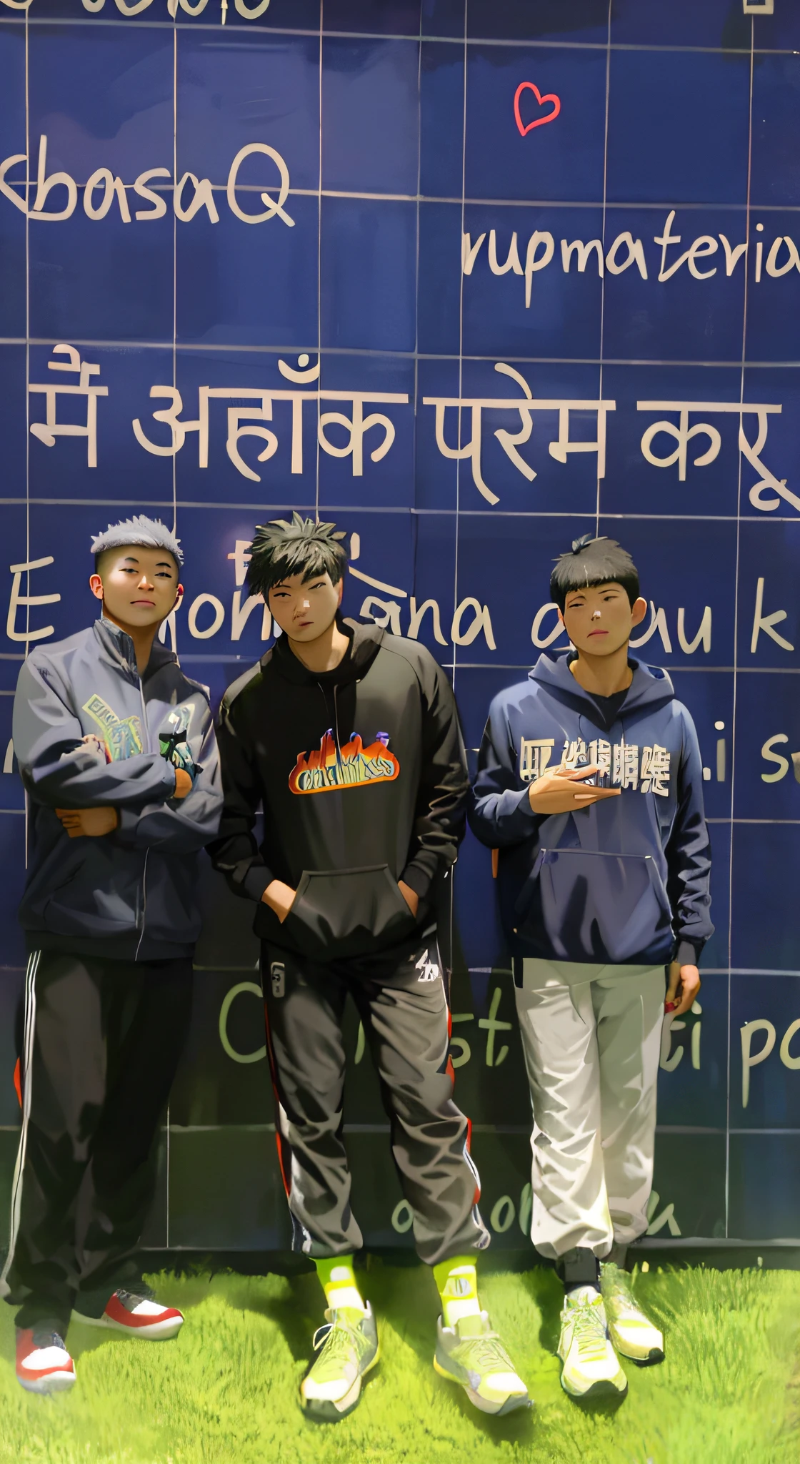 three men standing in front of a wall with a sign on it, profile pic, reddit post, photo taken in 2 0 2 0, profile shot, otaku gangasta, cute boys, chinnese mafia, facebook post, trending ,, profile photo, high school, instagram post, taken in 2 0 2 0, profile picture, boys, posing ready for a fight, motivational