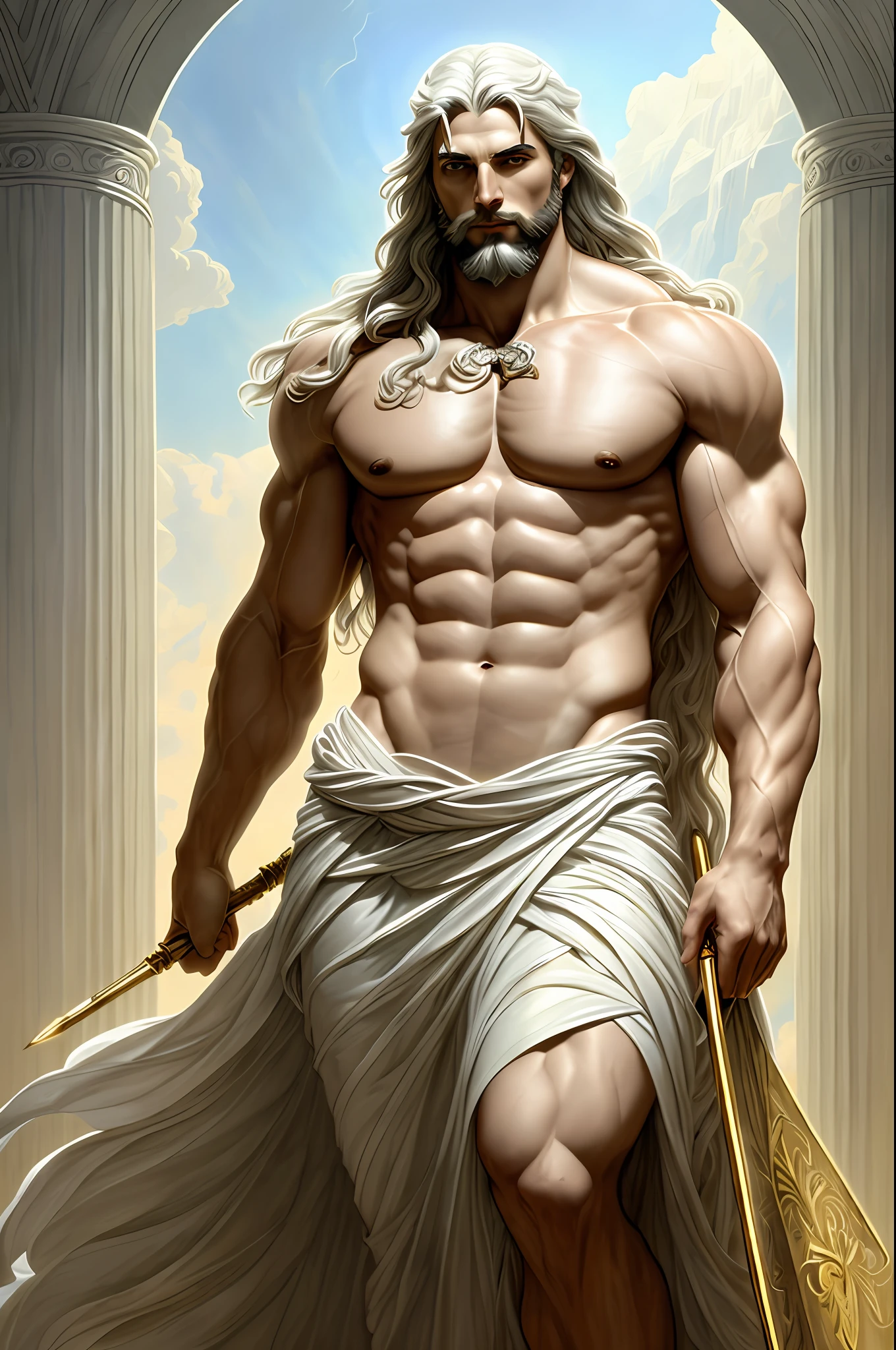 painted portrait of sturdy Zeus, god of thunder, Greek god, on Mount Olympus, rays coming out of the eyes and hands, white hair, full body, mature, beautiful, fantasy, intricate, elegant, highly detailed, digital painting, art station, conceptual art, smooth, sharp focus, illustration, art by Gaston Bussiere and Alphonse Mucha