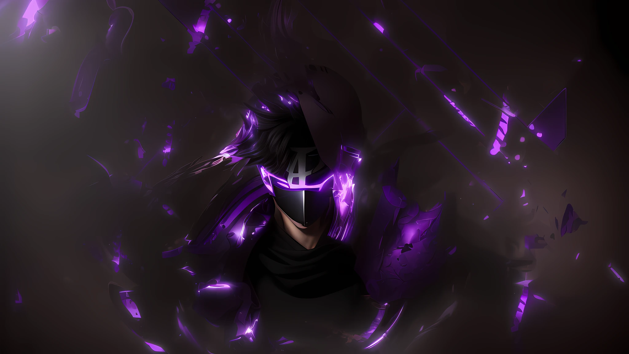 A young man with short black hair with a mask covering his entire face, on the mask there is a purple L, ( ( ( mask ) ), broken mask, vega mask, light face [[bronze]] [mask], unsharpened mask, unknown art style, anime style. 8k, broken visor, mask is broken, dark background, shadow world background, purple, purple L