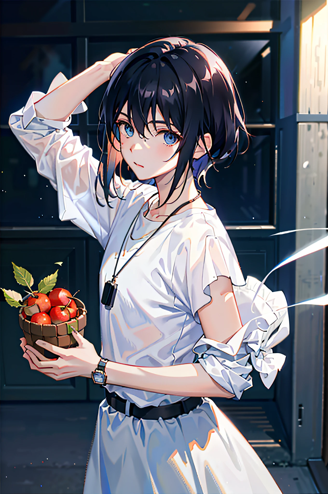1boy, apple, bag, bangs, berry, black hair, black shirt, blue eyes, hair between eyes, jewelry, leaf, looking at viewer, male focus, necklace, pants, shirt, solo, watch, white pants, wristwatch, messy hair, trending on artstation, 8k resolution, highly detailed, anatomically correct, sharp image, digital painting, concept art, trending on pixiv, style of makoto shinkai,