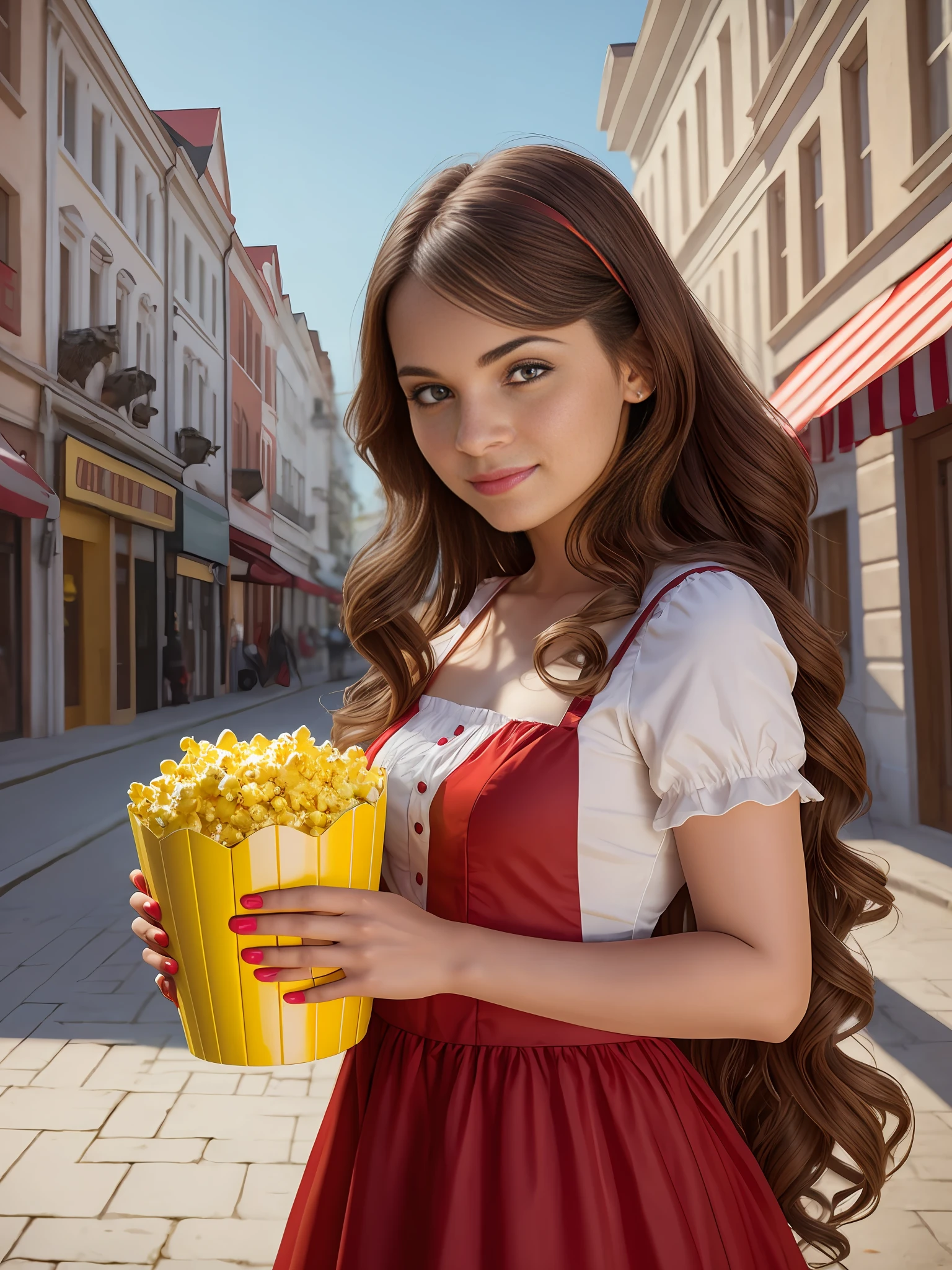 Realistic photo young woman with red dress holding a bucket of yellow popcorn high quality,4k, Full HD, detailed. --auto --s2