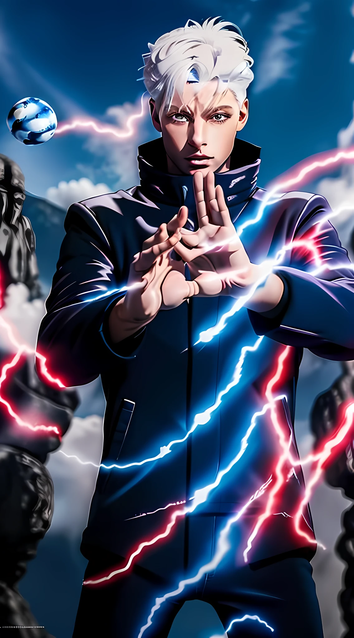 best quality, masterpiece, highres, 1boy, male, sky blue eyes, solo, upper body, black jacket, using his powers, white hair, full body, sending a ball of magic blue and red energy, (perfect anatomy), (perfect eyes)