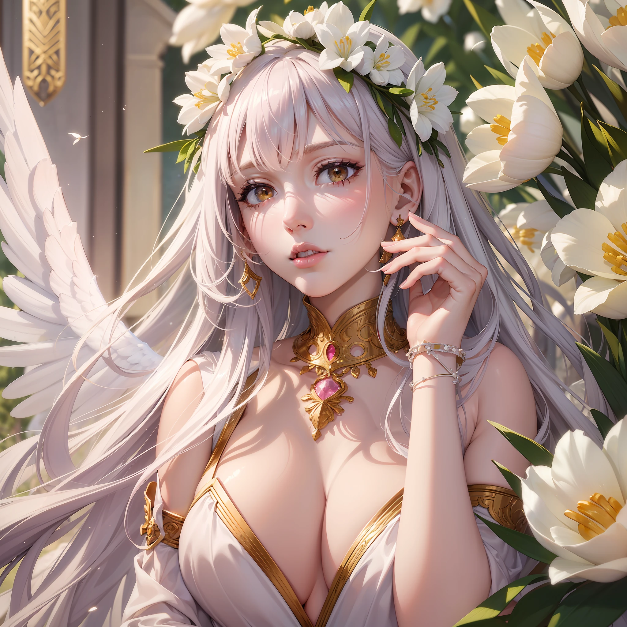 ((best quality,8k,masterpiece)),a goddess,white skin, pink face, silver colored hair, bright yellow colored eyes,angel wings white color,long white dress,gold jewelry, lips between open, perfect and delicate hands, behind her a valley of white color tulips.