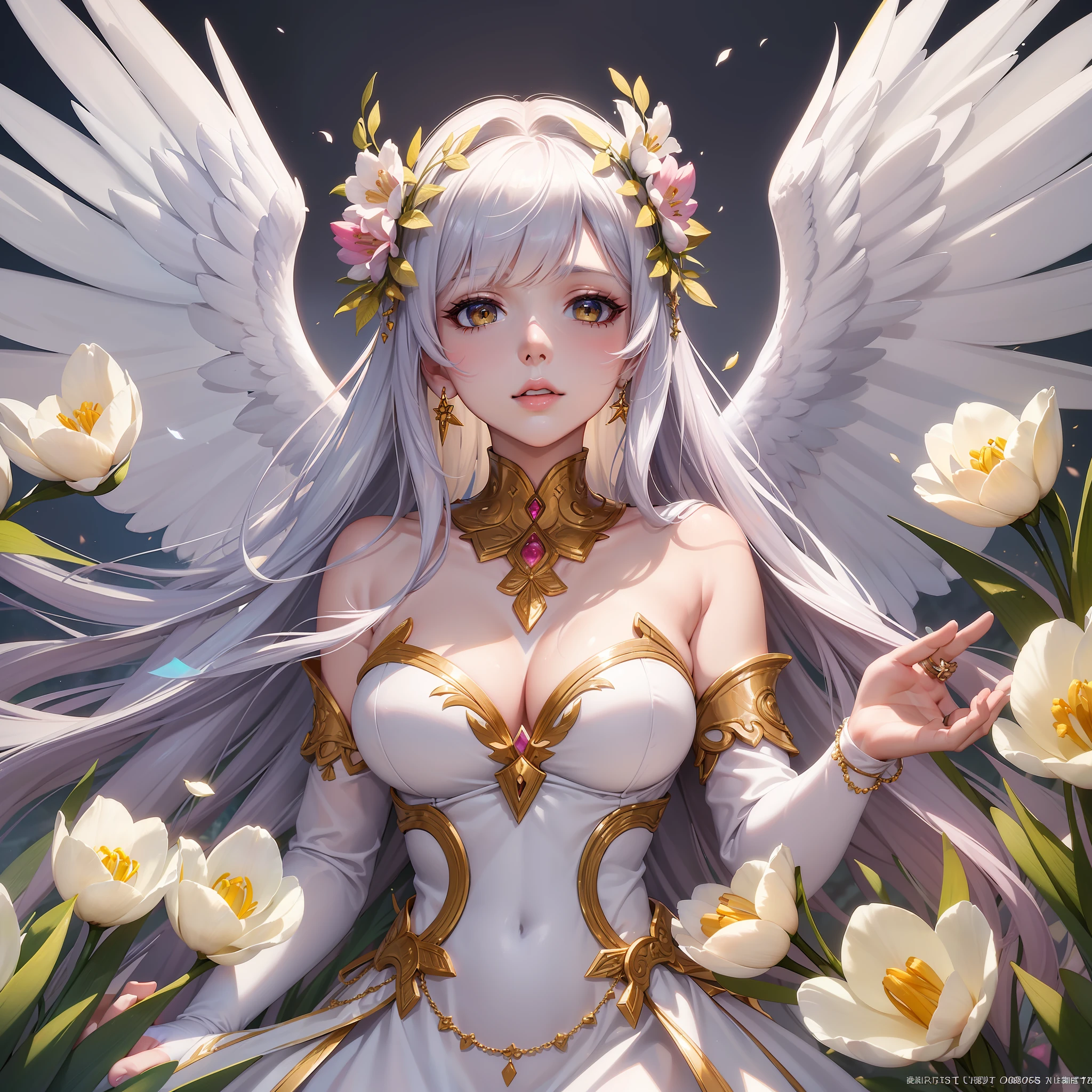 ((best quality,8k,masterpiece)),a goddess,white skin, pink face, silver colored hair, bright yellow colored eyes,angel wings white color,long white dress,gold jewelry, lips between open, perfect and delicate hands, behind her a valley of white color tulips.
