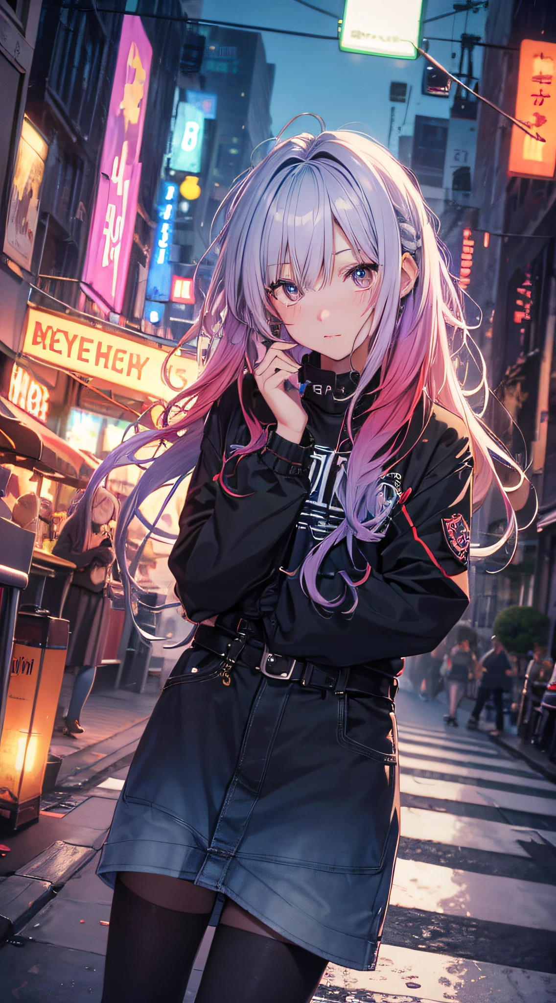 NY, (gradient hair, dutch angle:1.3), film grain, chromatic aberration, city, masterpiece, best quality, raw photo, photorealistic, absurdres, 1girl, cute, perspective, cowboy shot, highres, ultra detailed, detailed eyes and face, sharp pupils, realistic pupils, sharp focus, summer, night,