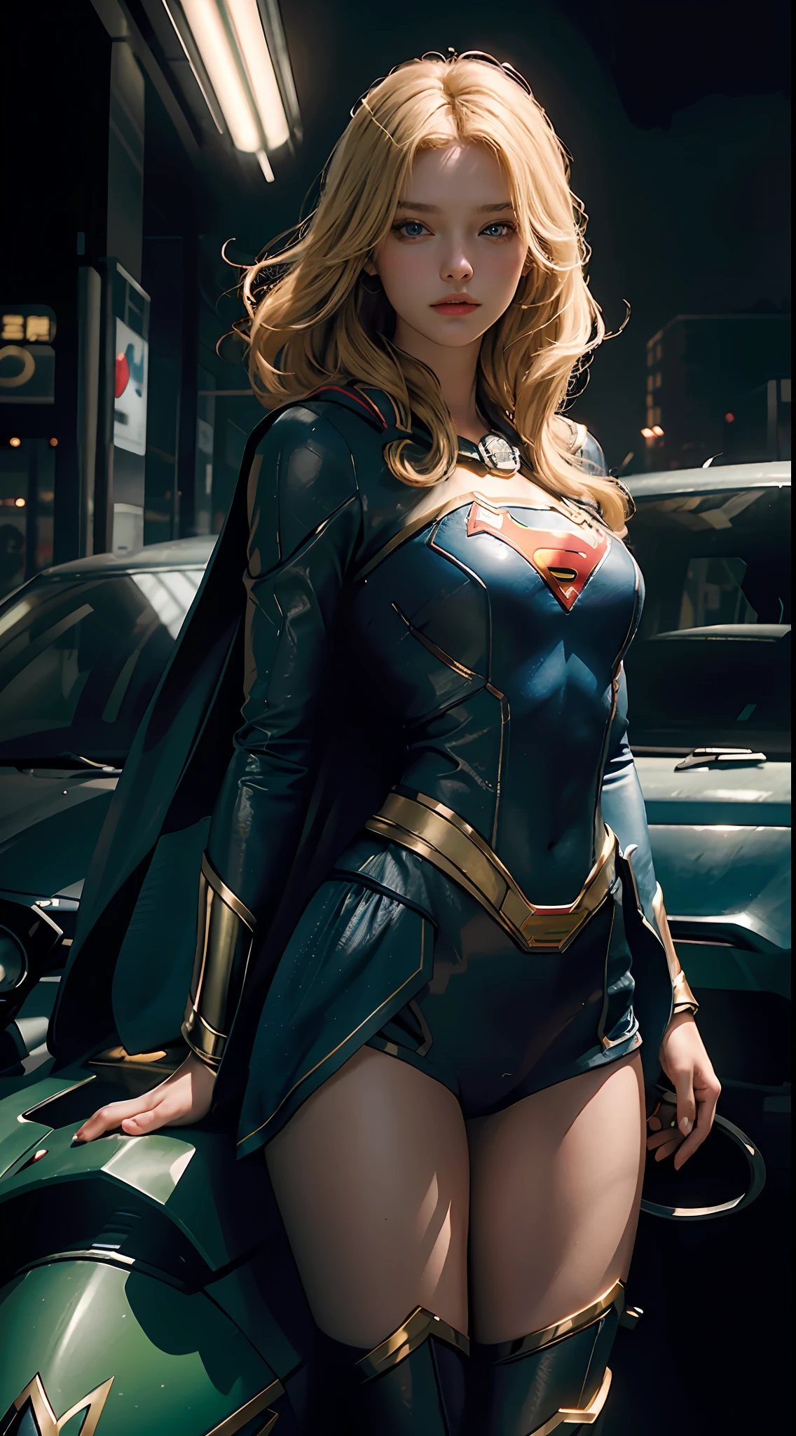 The highest image quality, striking details, ultra-high resolution, (realism: 1.4), the best illustration, favorable details, highly condensed 1supergirl, with a delicate and beautiful face, blonde, blue eyes, dressed in a black and green lock, superman S symbol on the chest, wearing a mecha helmet, holding a directional controller, riding on a red motorcycle, the background is a high-tech lighting scene of the city of the future.