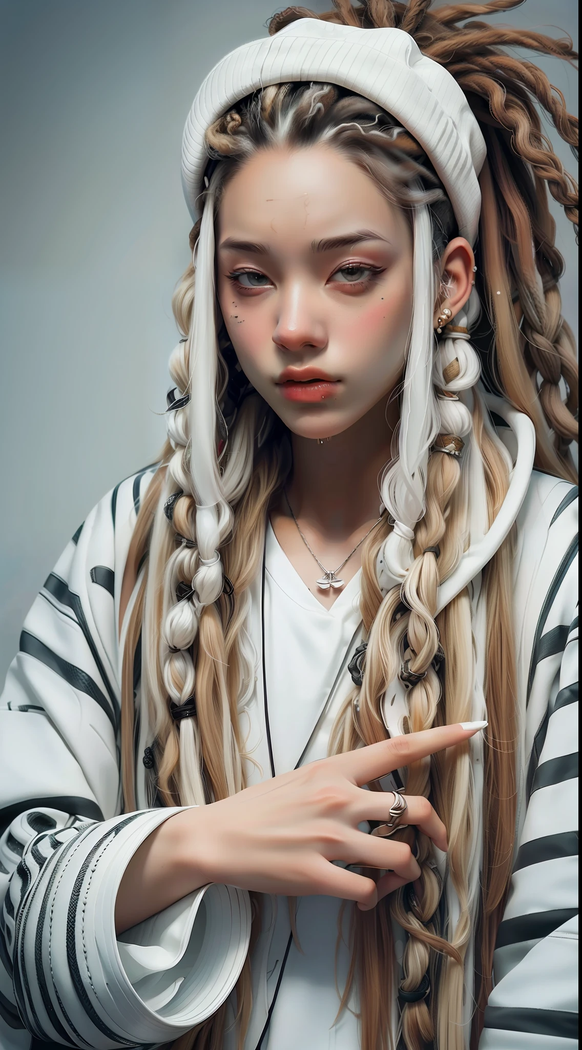 1rapper with biodread hair, modern all-white clothing with black stripes(H R Gigger), fog, detailed and realistic image, amazing composition with vintage scenery with abstract shapes, abstract minimalist background with tentacles, melt, drip, yoshitomo nara:1.5, wes anderson:1.3, new casualism, retro, minimalism,BiopunkAI
