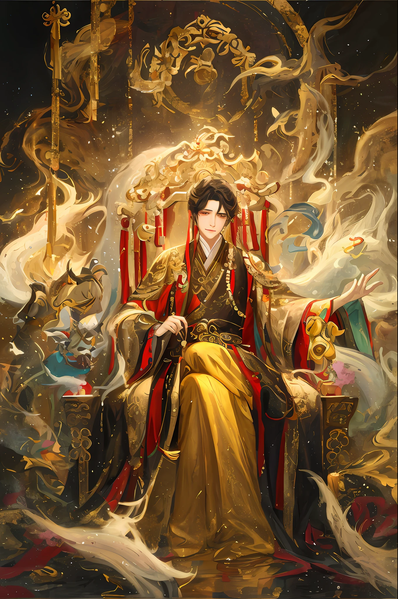 a painting of a man in a golden robe sitting on a throne, by Yang J, inspired by Guan Daosheng, beautiful character painting, inspired by Zhu Derun, inspired by Zhao Yuan, beautiful male god of death, by Li Zai, cai xukun, inspired by Huang Gongwang, inspired by Zhang Sengyao, inspired by Zhang Han