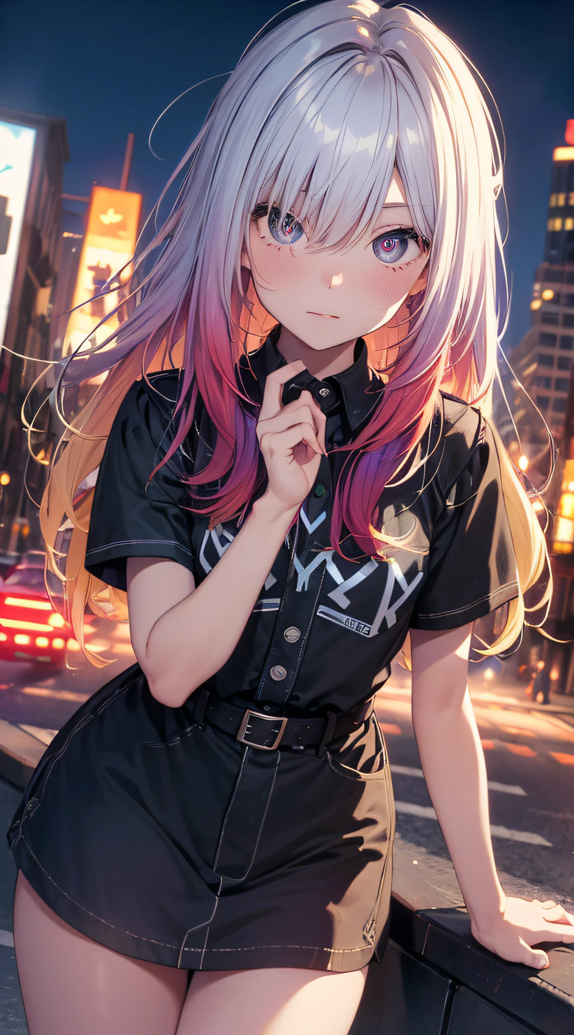 NY, (gradient hair, dutch angle:1.3), film grain, chromatic aberration, city, masterpiece, best quality, raw photo, photorealistic, absurdres, 1girl, cute, perspective, cowboy shot, highres, ultra detailed, detailed eyes and face, sharp pupils, realistic pupils, sharp focus, summer, night,