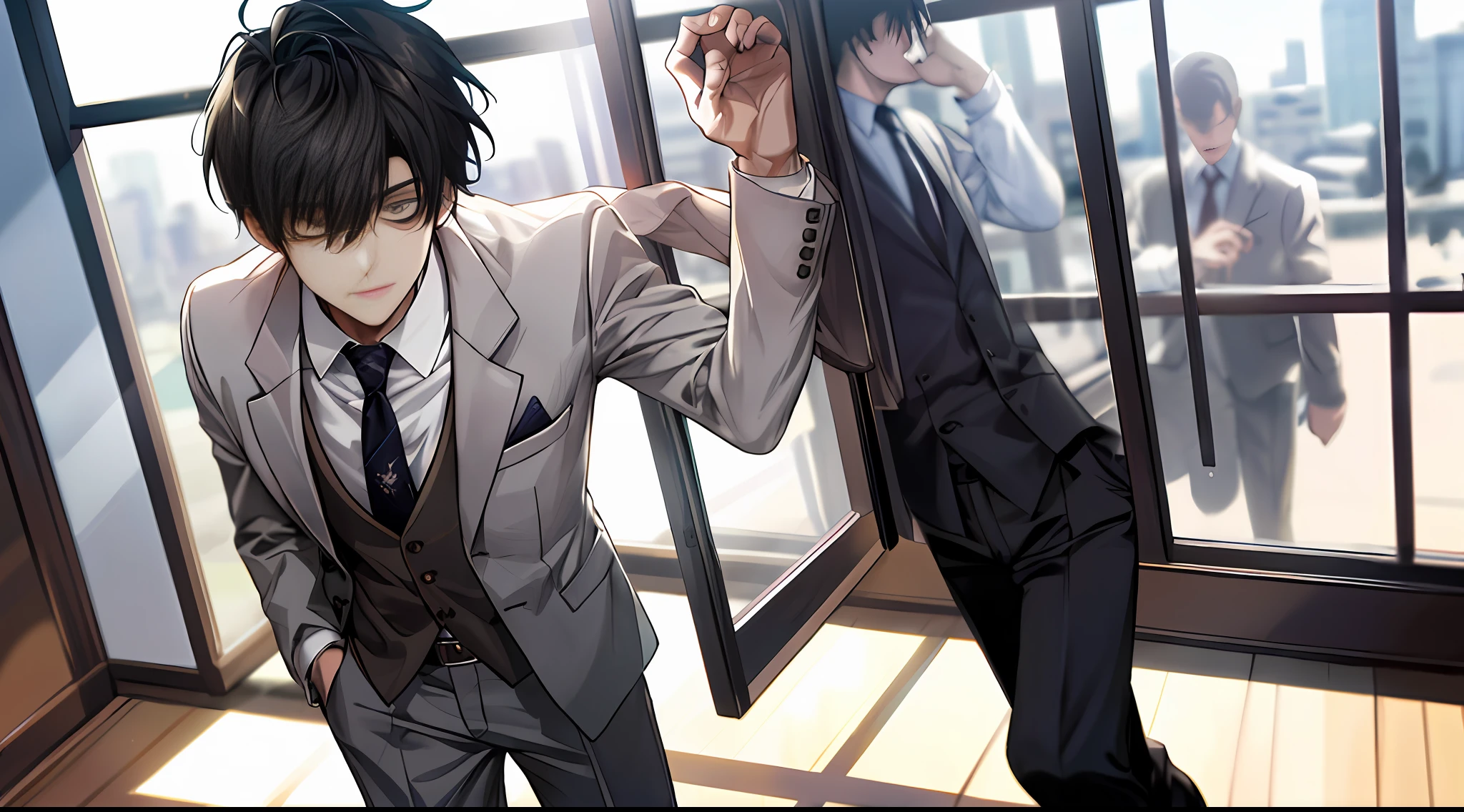 1boy, face focus, adult, suit, jacket, white shirt, tie, pants, best quality, staff, facial details, ranch, buildings outside the window, detail background, diffuse sunlight, depth of field, background blur, (zombies: 1.3)