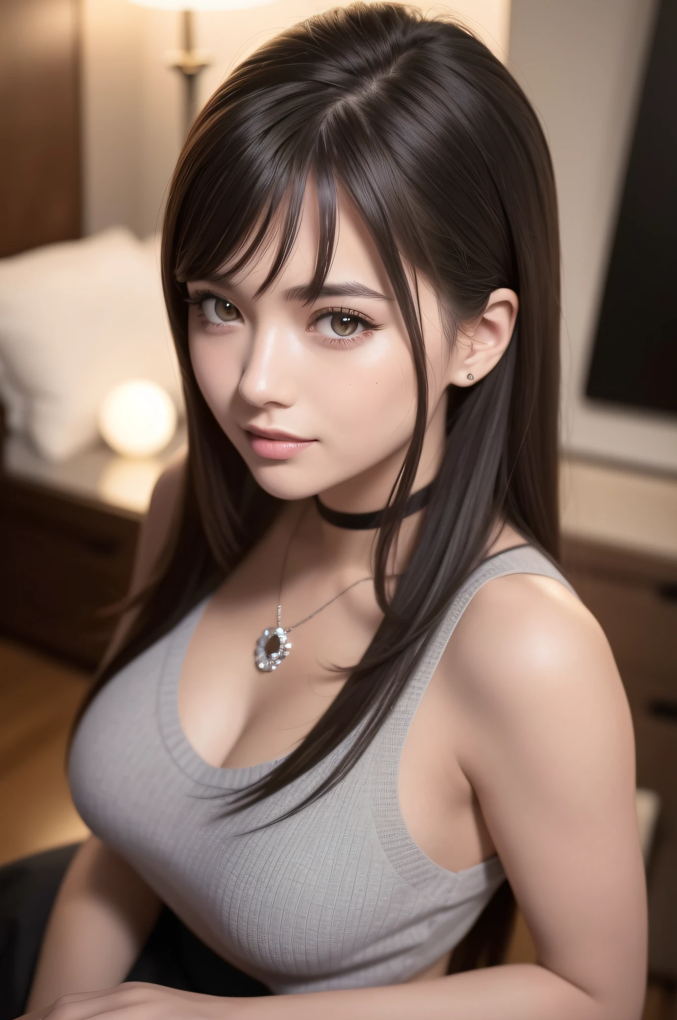 (RAW photo: 1.2), (photorealistic: 1.4), (masterpiece: 1.3), (best quality: 1.4), ultra high res, (detailed eyes), (detailed facial features), (detailed clothing features), HDR, 8k resolution, solo focus, bangs, tight skin, (shiny skin), (slim girl), dreamlike,
(extremely detailed illustration), check comment, request for comment, scenario, no text,
VirtualGirl-Aim, medium breasts, straight hair, long hair, black hair, black eyes,
1girl, upper body, 16:9 ratio
crystal pendant, grey sweater, hip skirt, high heeled shoes,
beautiful, innocent,
(smile),