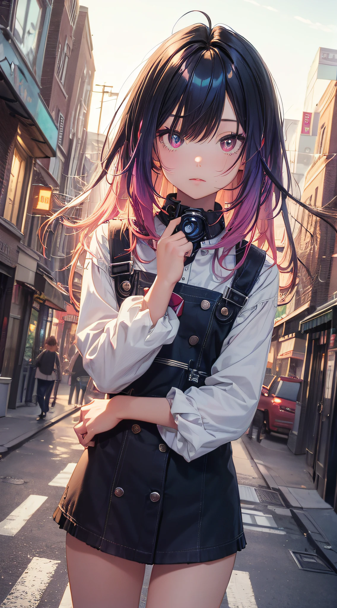 NY, (gradient hair, dutch angle:1.3), film grain, chromatic aberration, city, masterpiece, best quality, raw photo, photorealistic, absurdres, 1girl, cute, perspective, cowboy shot, highres, ultra detailed, detailed eyes and face, sharp pupils, realistic pupils, sharp focus, summer, night,