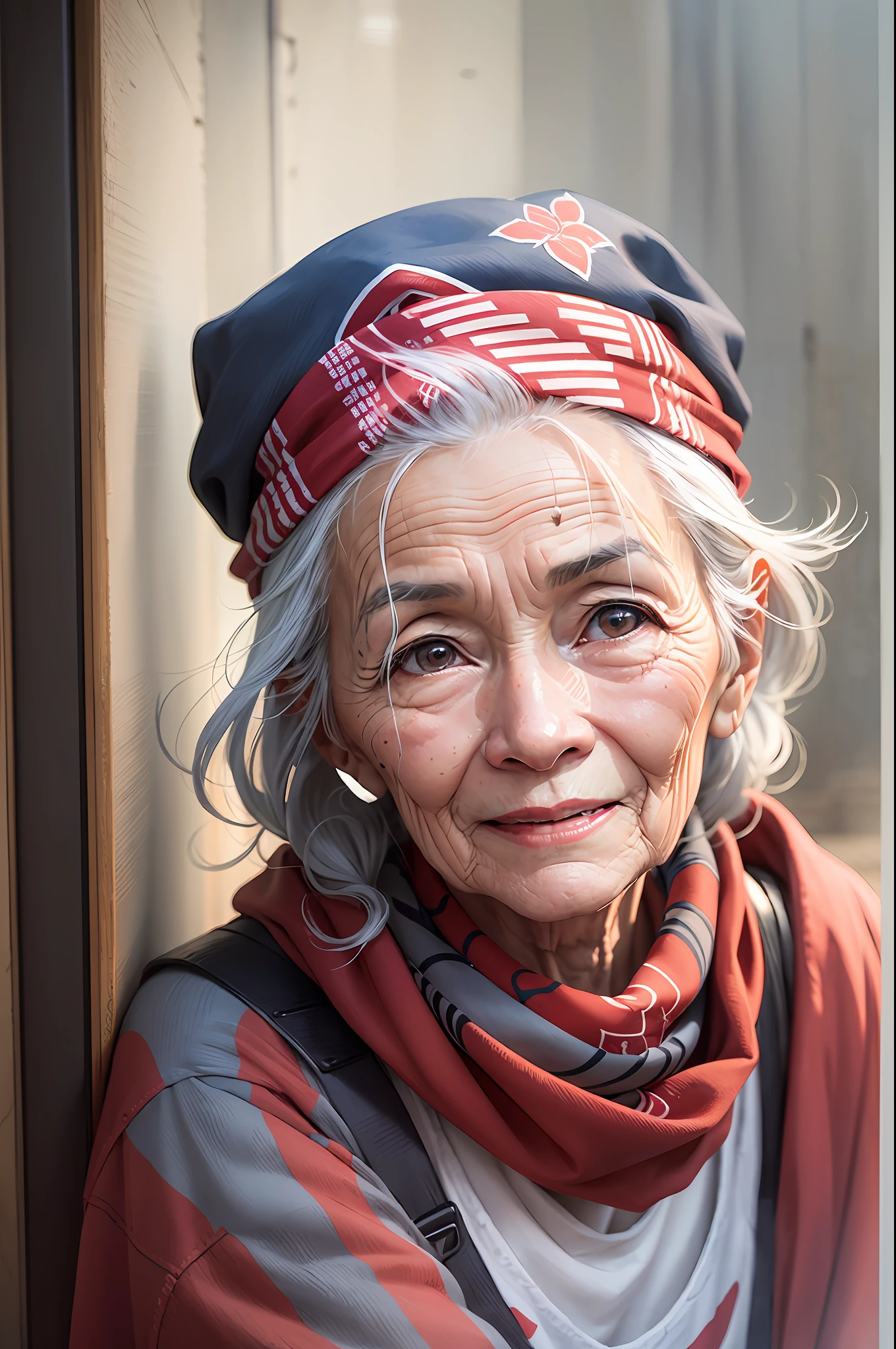 Portrait of a Woman of 85 years, elderly Chinese, smiling, wrinkles visible, grey hair and bandana, confy clothes, smirking to the camera, foulard around her neck, red t-shirt. Detailed but softened texture of the skin, skin with soft contrast, (Gaussian noise0.8 on the wrinkles), detailed eyes, no make up, no sharp contrast. Outdoors, natural light of sunset. Realistic ray traicing, photography, --auto --s2