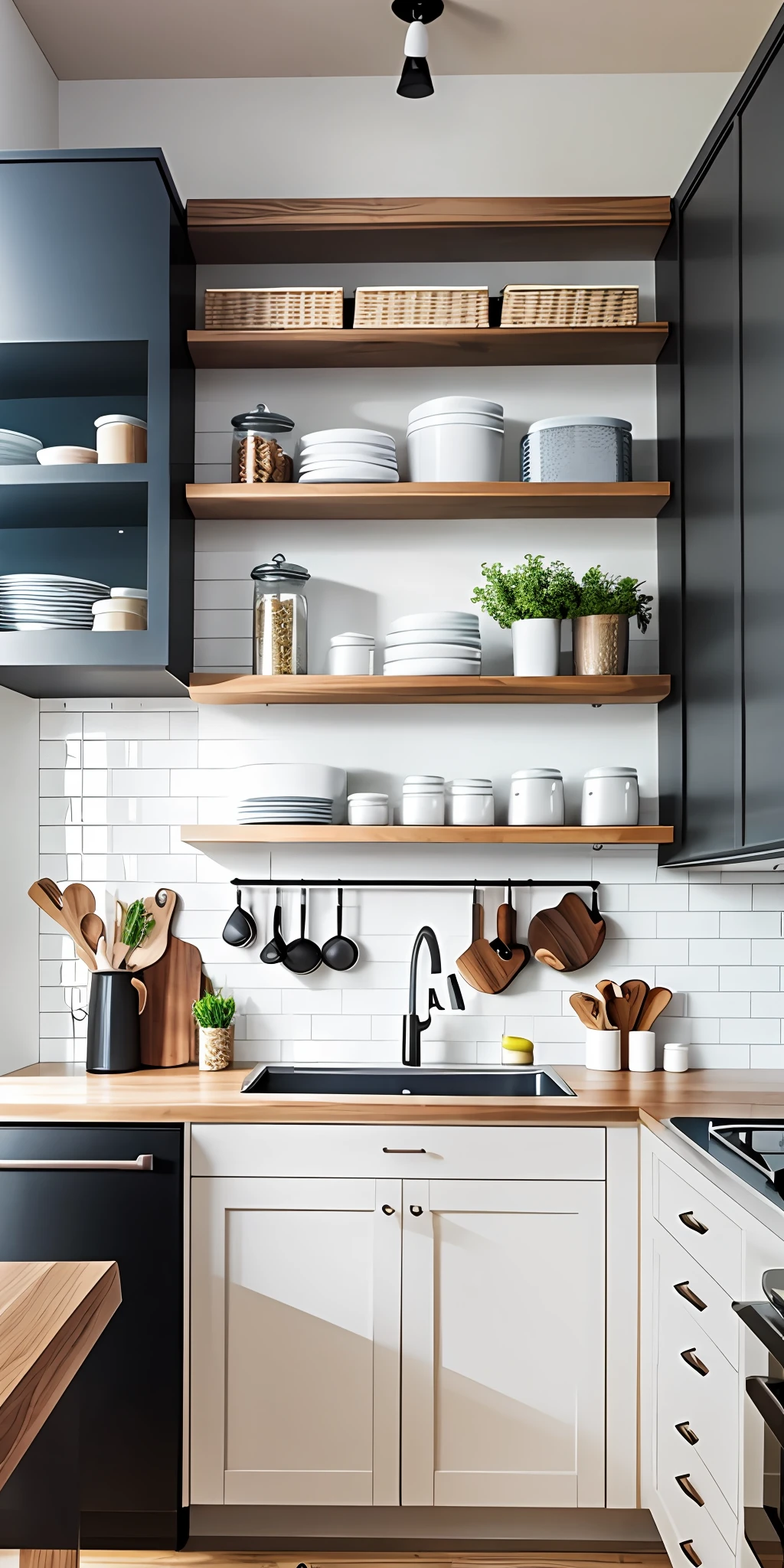 Interior design, kitchen, shelves