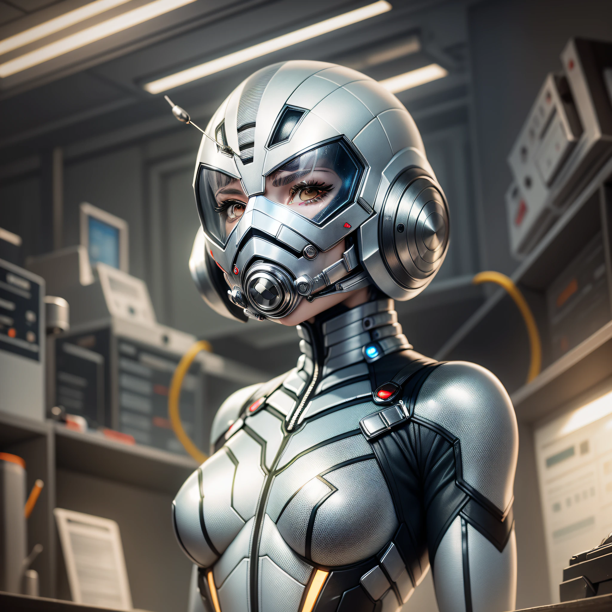 woman, defined body, small breasts, platinum hair, straight hair, ant man costume, ant-man, mask covering mouth,, in the background a technological laboratory