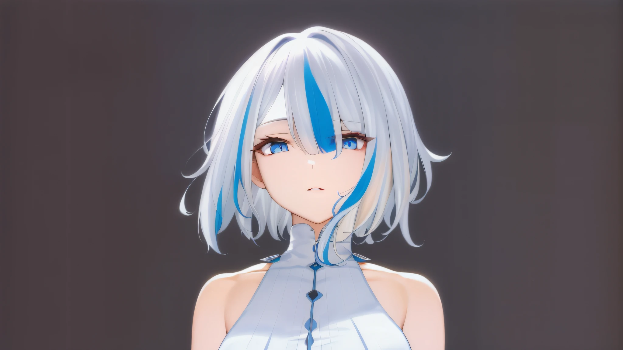 scan, (extremely detailed CG unit 8k wallpaper: 1.1), highres, (1girl), (white hair), (short hair), (multicolored hair), (blue eyes), white dress, sleeveless, neutral face, slanted eyes, evil eyes,