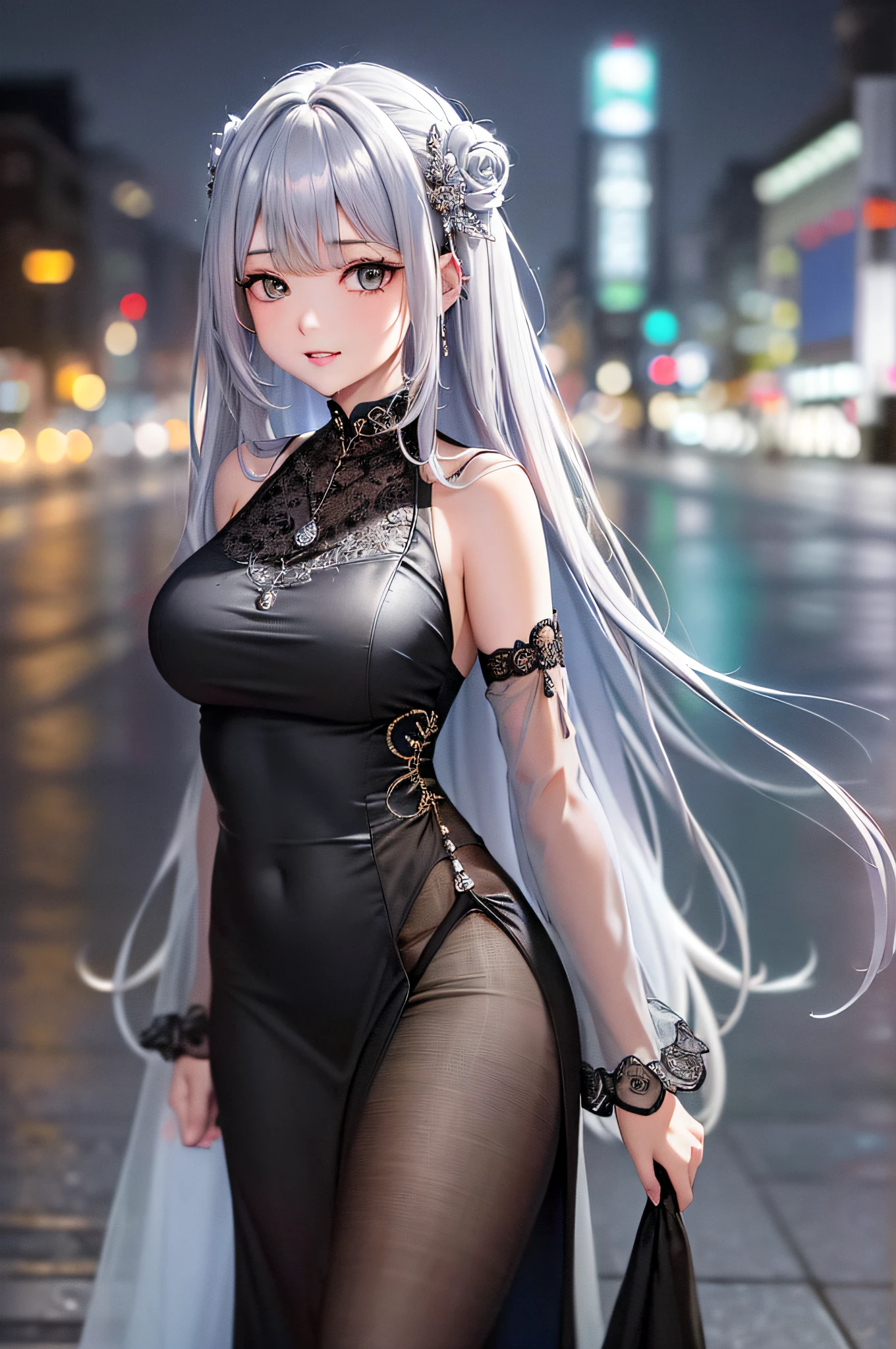 (8k, best quality, masterpiece:1.2),1girl,hair ornament, portrait, (long loose silver revealing dress:1.1), necklace, blue nails,cute,cityscape, night, rain, wet, professional lighting, photon mapping, radiosity, physically-based rendering,(mature female:1.3), (intricate detailed , taut clothes, hair ornament :1.2),