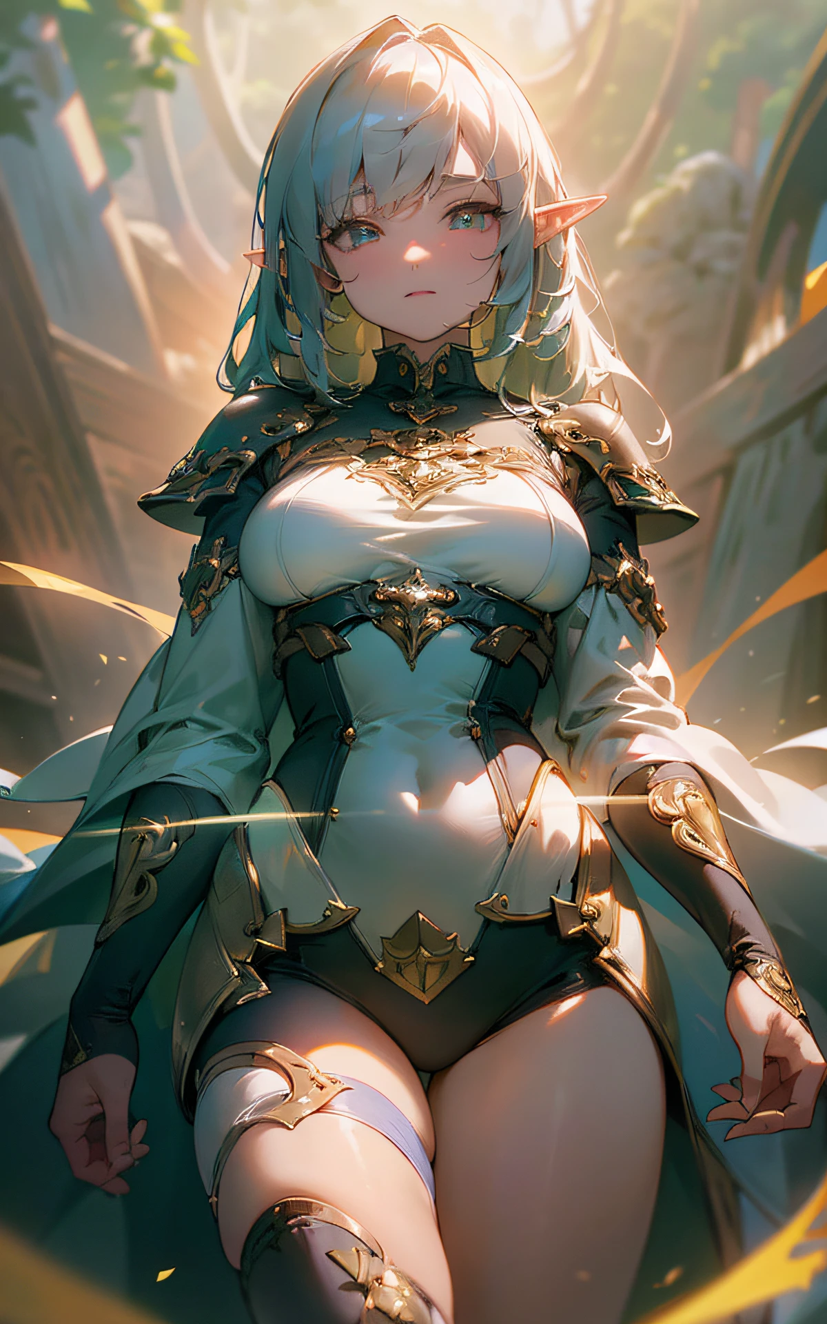(Original Character、Unity 16K Wallpaper, Masterpiece, Best Quality, Ultra-Detailed, Extremely Detailed CG, Caustics, Cinematic Lighting, Detailed, Beautiful Detailed Eyes, solo), Ultra High Resolution, fine skin, (elf, curby), (strong light)、((brighten the subject)),outdoors,thigh focus