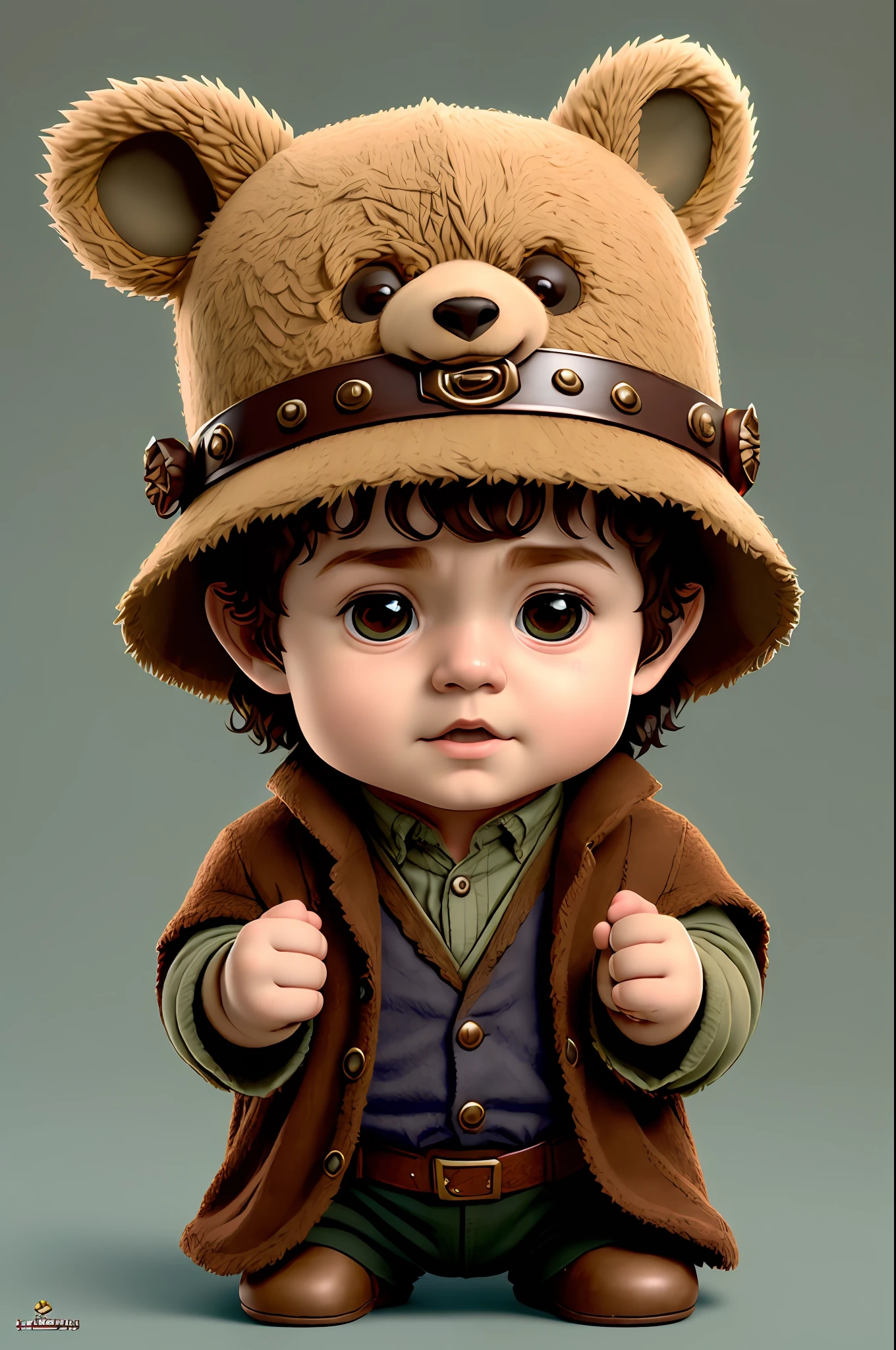 (CBZBB:1.25), cutest Frodo Baggins baby portrait illustration, artstation, CGI_Animation with a hat on his head, (bear-eared hat: 1.3),