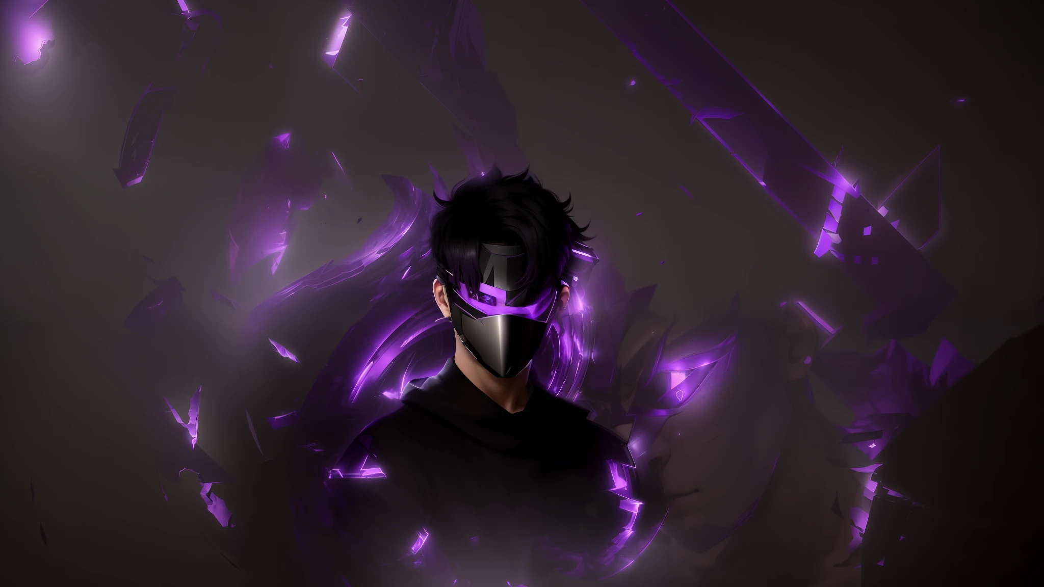 A young man with short black hair with a mask covering his entire face, on the mask there is a purple L, ( ( ( mask ) ), broken mask, vega mask, light face [[bronze]] [mask], unsharpened mask, unknown art style, anime style. 8k, broken visor, mask is broken, dark background, shadow world background, purple, purple L