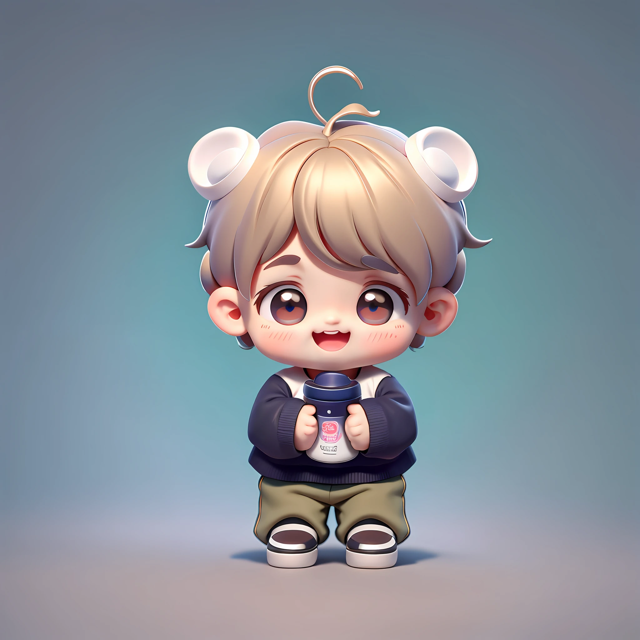 Please generate an image in a blind box style featuring a joyful . The boy has adorable black panda ears and a happy expression on his face with his mouth wide open. He is holding an infant feeding bottle with both hands. He is wearing a light grey pullover with black sleeves that reach his wrists. His pants are khaki in color, and he is wearing white shoes. When he smiles, his top and bottom front baby teeth are visible, giving him an endearing look. Additionally, there is a nevus located below his lower right lip.