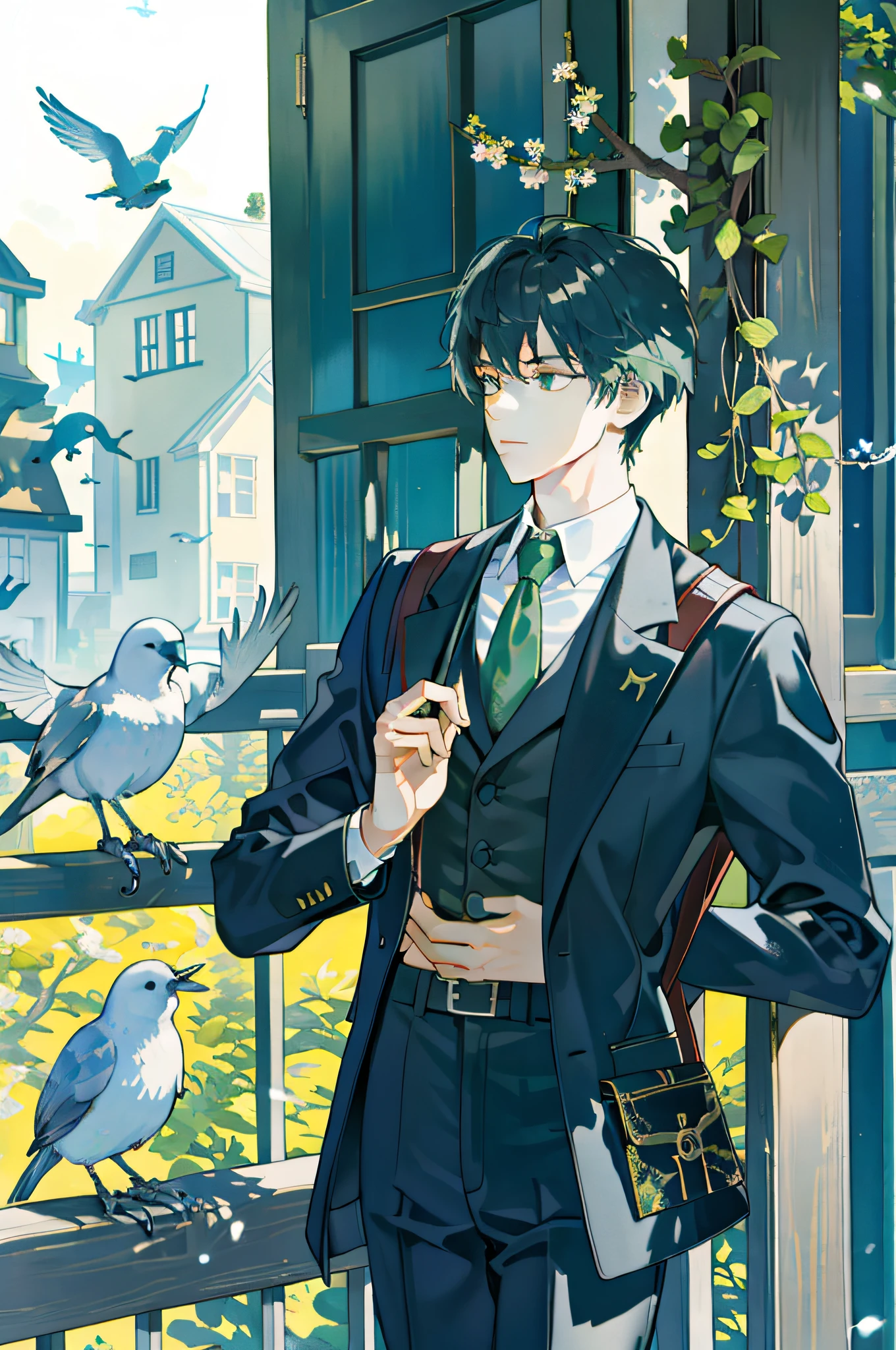masterpiece, best quality, 1boy, male focus, handsome, residential area, fence, spindle trees, afternoon sun, the way home from school, school uniform, backpack, flock of birds, from directly side, depth of field