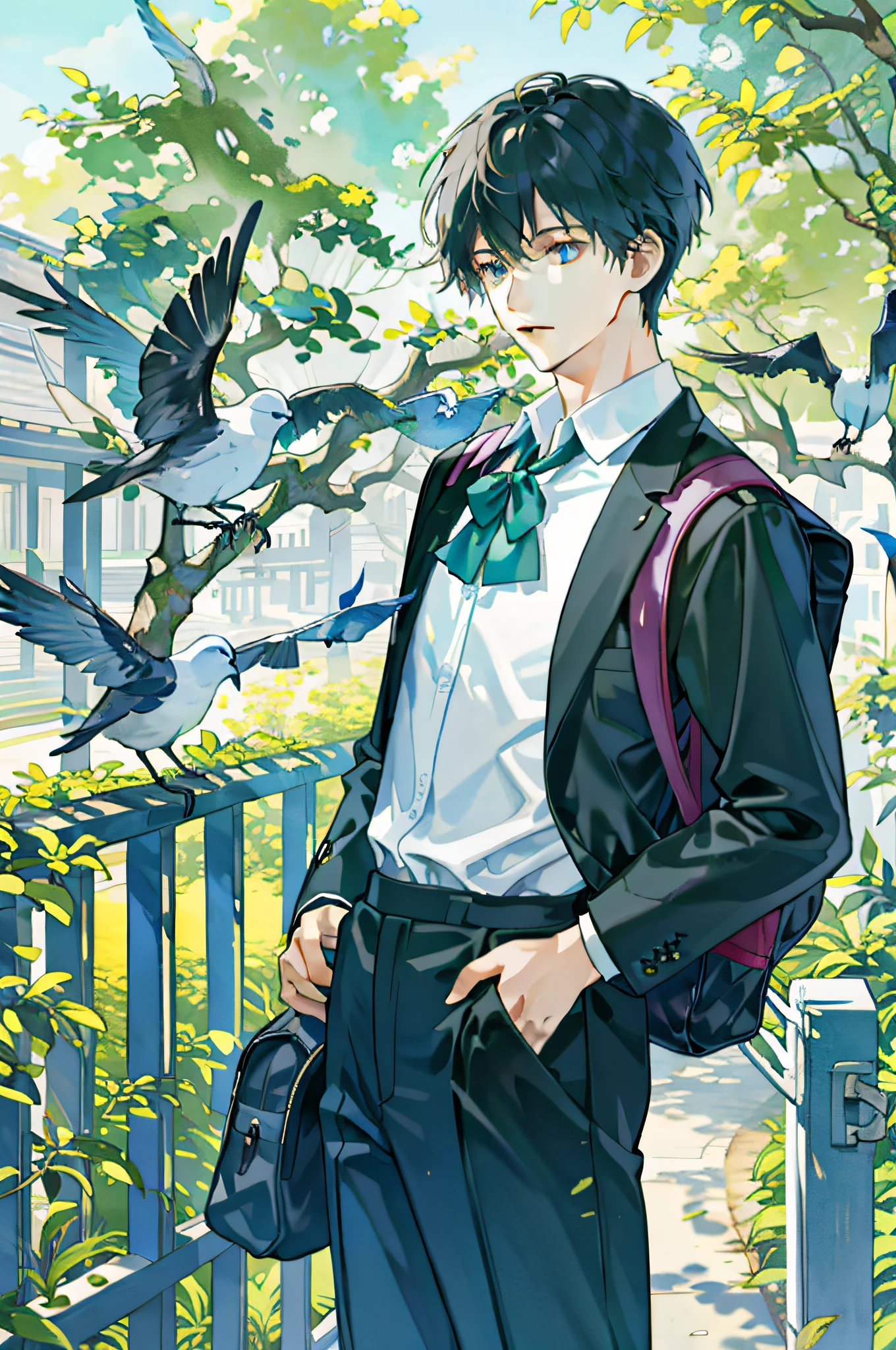 masterpiece, best quality, 1boy, male focus, handsome, residential area, fence, spindle trees, afternoon sun, the way home from school, school uniform, backpack, flock of birds, from directly side, depth of field
