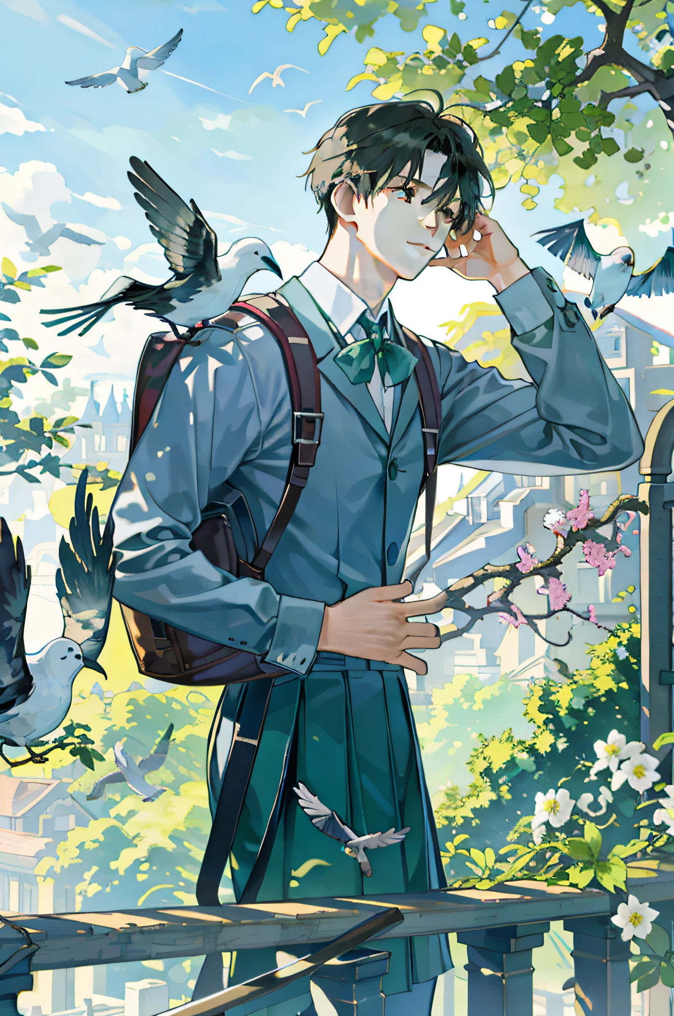 masterpiece, best quality, 1boy, male focus, handsome, residential area, fence, spindle trees, afternoon sun, the way home from school, school uniform, backpack, flock of birds, from directly side, depth of field