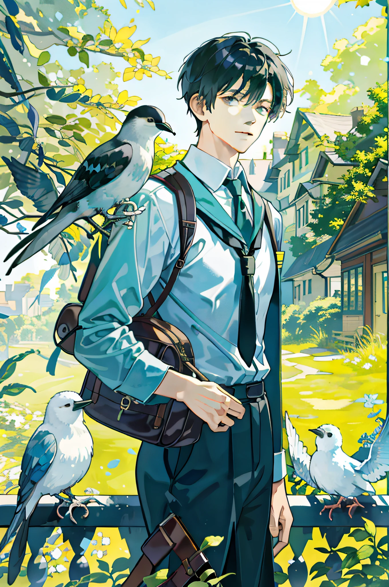 A close up of a person with a bird on his shoulder - SeaArt AI