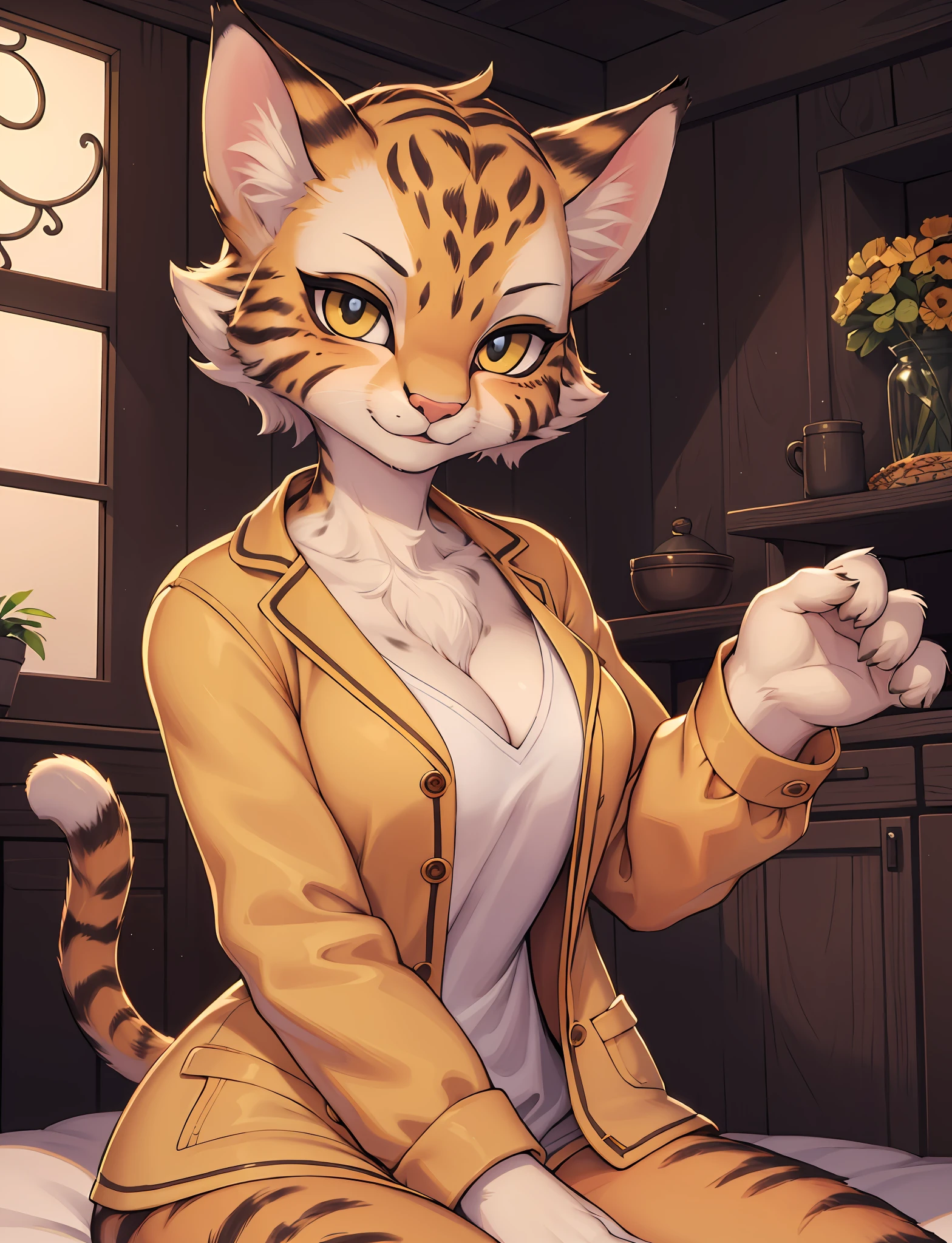 (hi res), ((masterpiece)) , ((best quality)), illustration, girls, pajamas, cheetah, felid, feline, khajiit, mammal, pantherine, tiger, anthro, female, female/female, fur, smile, spots, spotted body, spotted fur, squish, upper body, indoors, short hair,