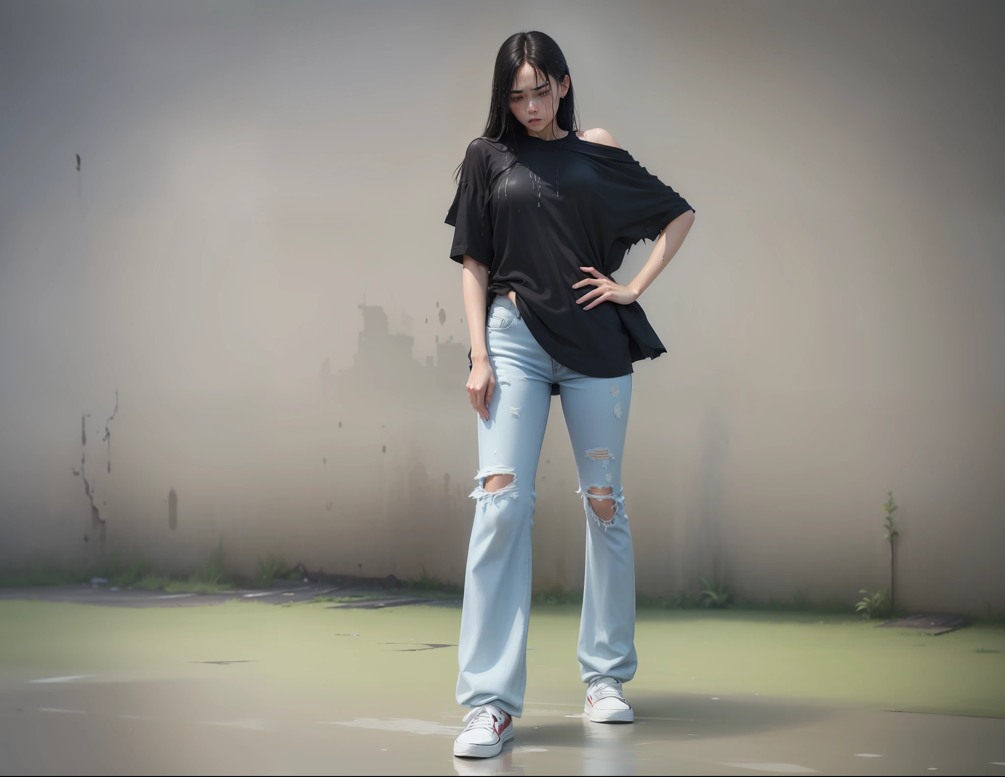 best quality, masterpiece, ultra high resolution, (fidelity:1.4), photos, 1 girl, black t-shirt, torn jeans, white sneakers, dim, darkness, despair, pity, poor, movie, tears, teardrops, (torn clothes: 1.5), (wet clothes: 1.4), bare shoulders, real rain, wet hair,..