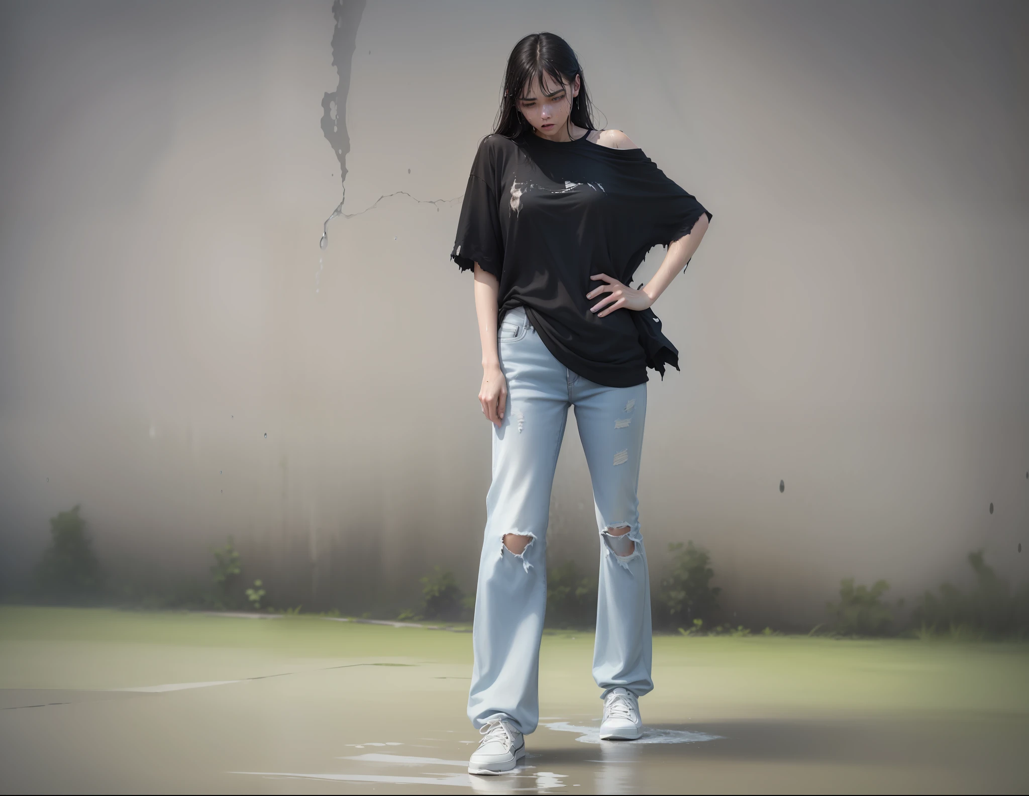 best quality, masterpiece, ultra high resolution, (fidelity:1.4), photos, 1 girl, black t-shirt, torn jeans, white sneakers, dim, darkness, despair, pity, poor, movie, tears, teardrops, (torn clothes: 1.5), (wet clothes: 1.4), bare shoulders, real rain, wet hair,..