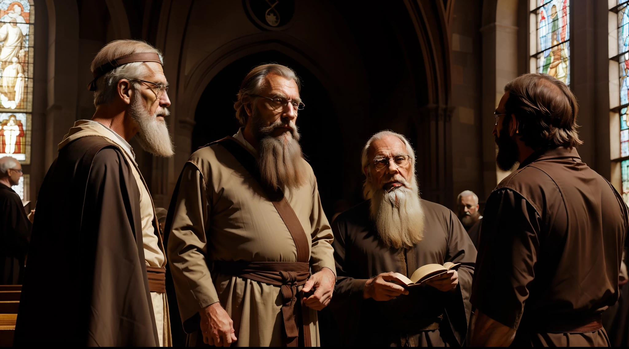 Elderly man philosopher talking to a group of people, with beard, robe and brown tunic, middle ages, church bishop, 8k, ultra realistic