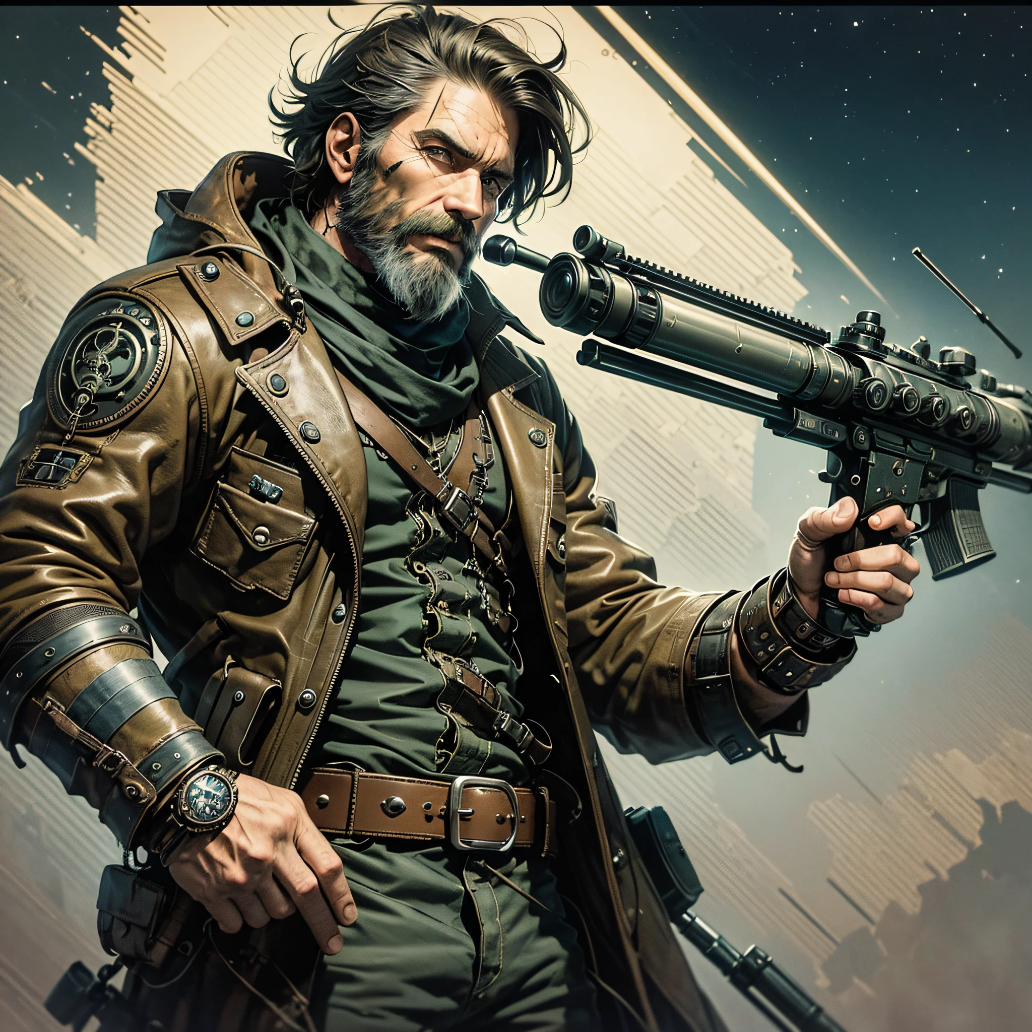 A steampunk, rugged-looking man using a (precise) sniper rifle with telescopic sight, prepared to shoot werewolves on a dark, dark night. --auto --s2