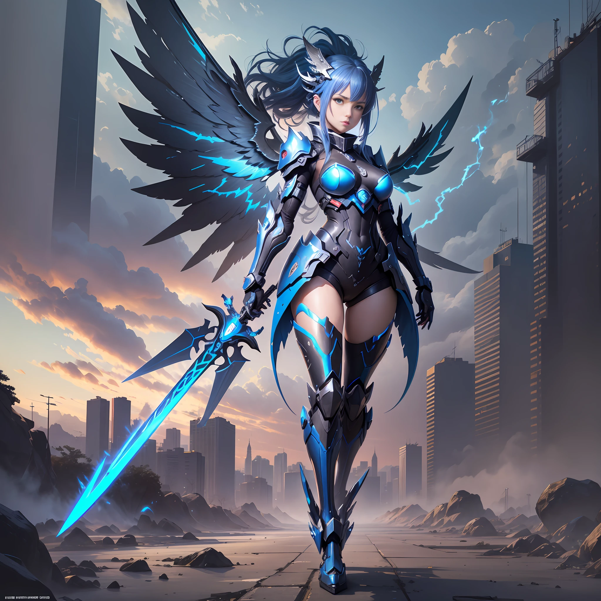 Full body, high mobility six-winged angel blue mech, blue eyes, dragon horn, modern, chiaroscuro, single, cyberpunk, cold weapon holding a long sword, wandering samurai, tail, angel knight girl, mechanized Valkyrie girl, best anime 4k konachan wallpaper, cyberpunk anime girl mecha --auto --s2