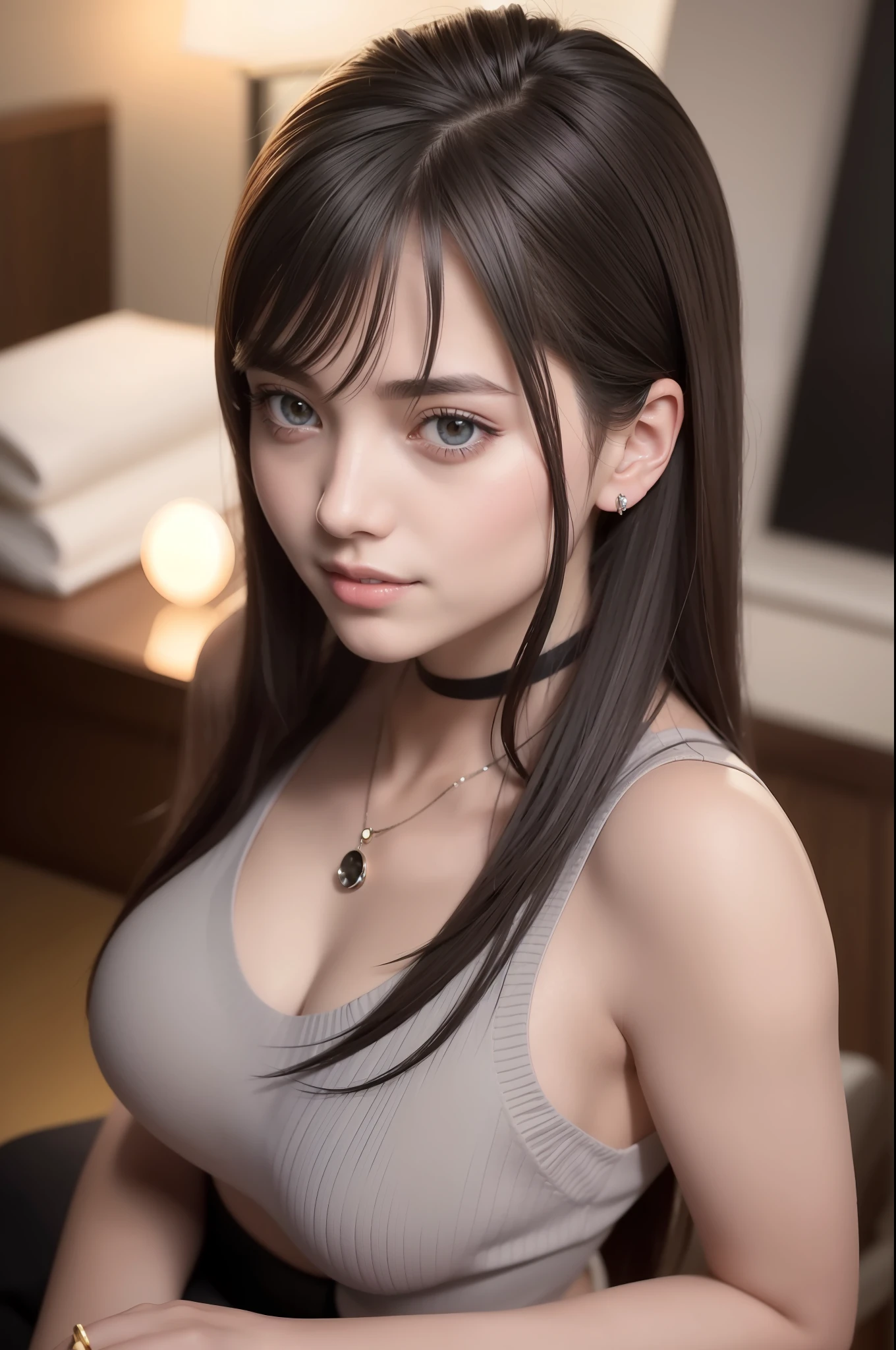(RAW photo: 1.2), (photorealistic: 1.4), (masterpiece: 1.3), (best quality: 1.4), ultra high res, (detailed eyes), (detailed facial features), (detailed clothing features), HDR, 8k resolution, solo focus, bangs, tight skin, (shiny skin), (slim girl), dreamlike,
(extremely detailed illustration), check comment, request for comment, scenario, no text,
VirtualGirl-Aim, medium breasts, straight hair, long hair, black hair, black eyes,
1girl, upper body, 16:9 ratio
crystal pendant, grey sweater, hip skirt, high heeled shoes,
beautiful, innocent,
(smile),