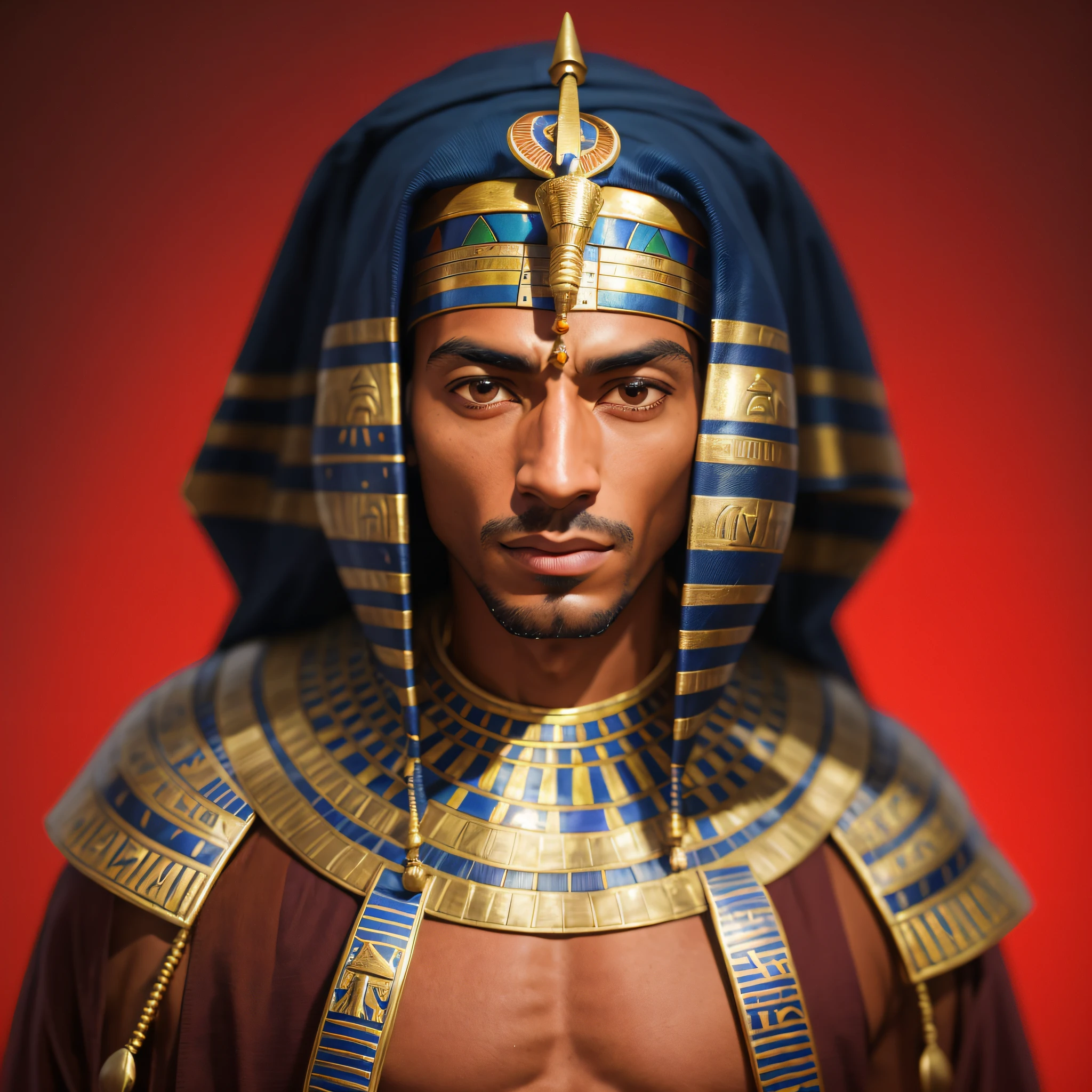 arafed man in a blue and gold costume with a hood on, brown skin man egyptian prince, pharaoh, pharoah, egyptian samurai, pharaoh clothes, egyptian warrior, egyptian, egyptian god, portrait of emperor of mankind, egypt god, the egyptian god, portrait of anubis, wearing an egyptian crown, by Wayne England, highly detailed character, egyptian mummy king