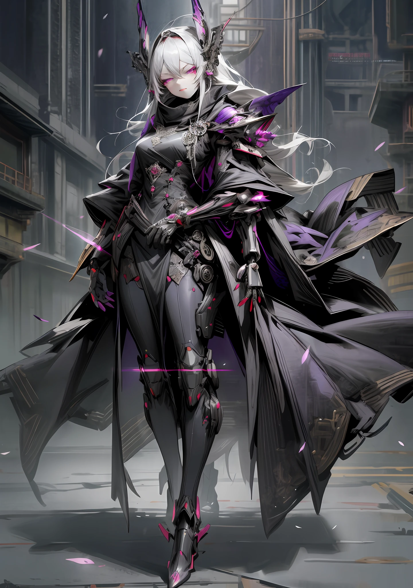 Dark_Fantasy, cyberpunk, (black purple: 1.1), 1 person, mechanical marvel, robot existence, cybernetics guardian, full body, armored dress, gray hair, long hair, mask, chinese style, shawl, black long dress, glowing eyes, purple eyes, expressionless, black long dress, shawl, mechanical doll, black boots, quiet and eerie, high details, super detail, Single, Best Quality, Royal Sister, Stained Glass, Beautiful and Delicate Eyes, Jellyfish, Hand Armor